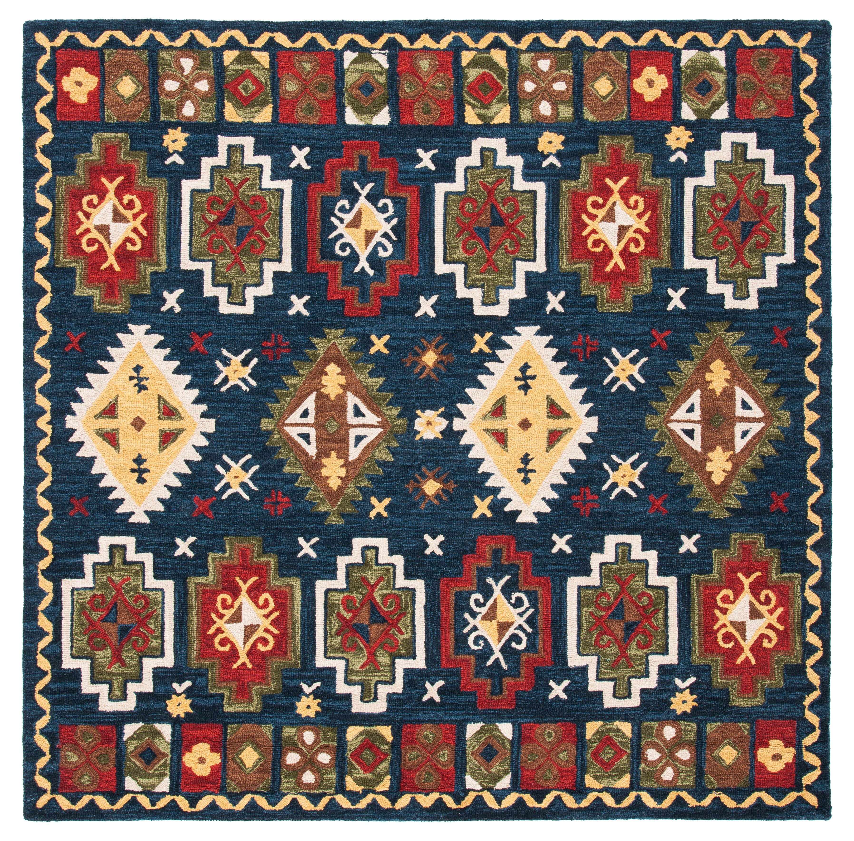 Handmade Red and Navy Wool Tribal Area Rug, 6' Square