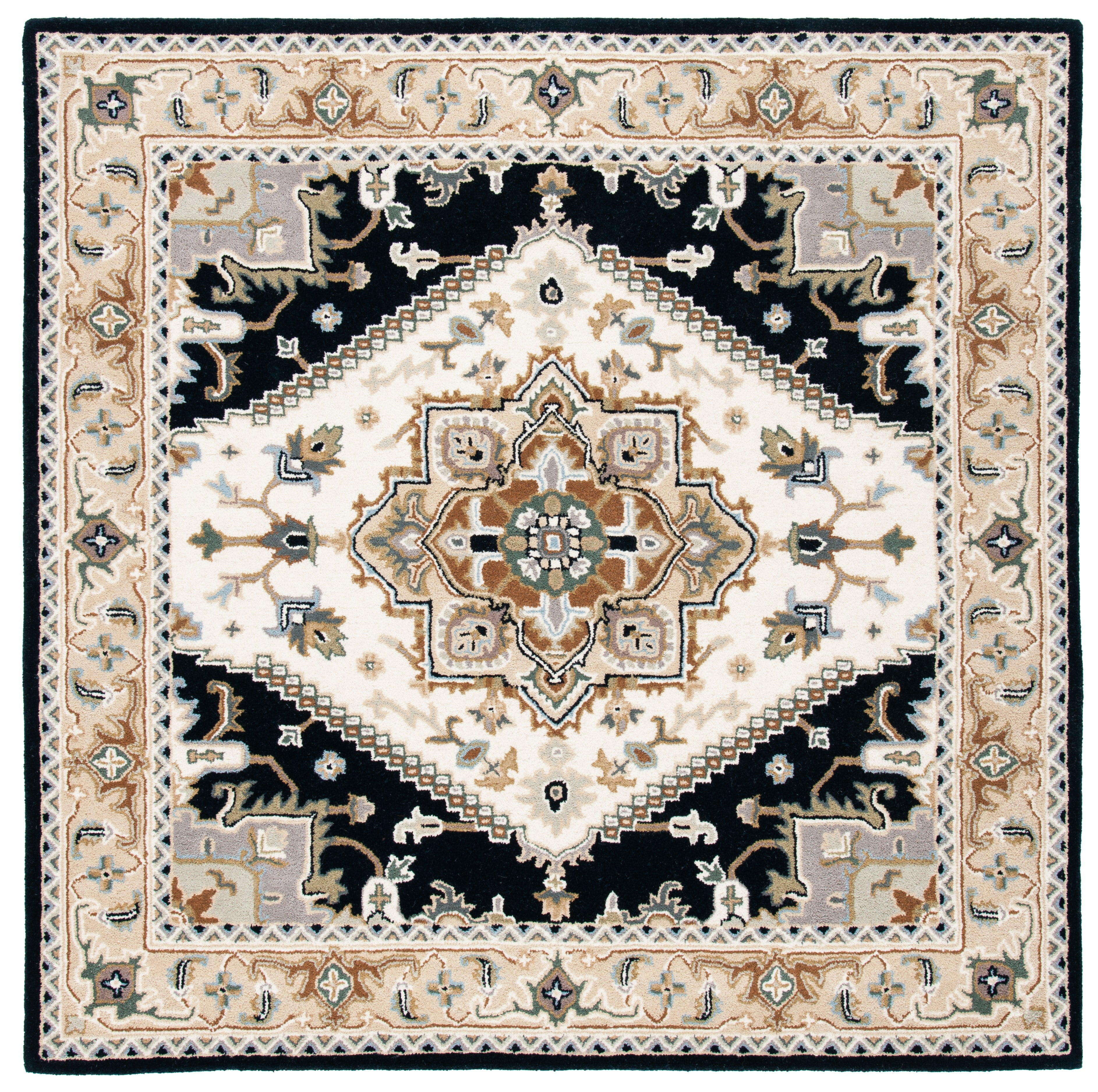 Beige and Navy Hand-Tufted Wool Square Area Rug 6' x 6'