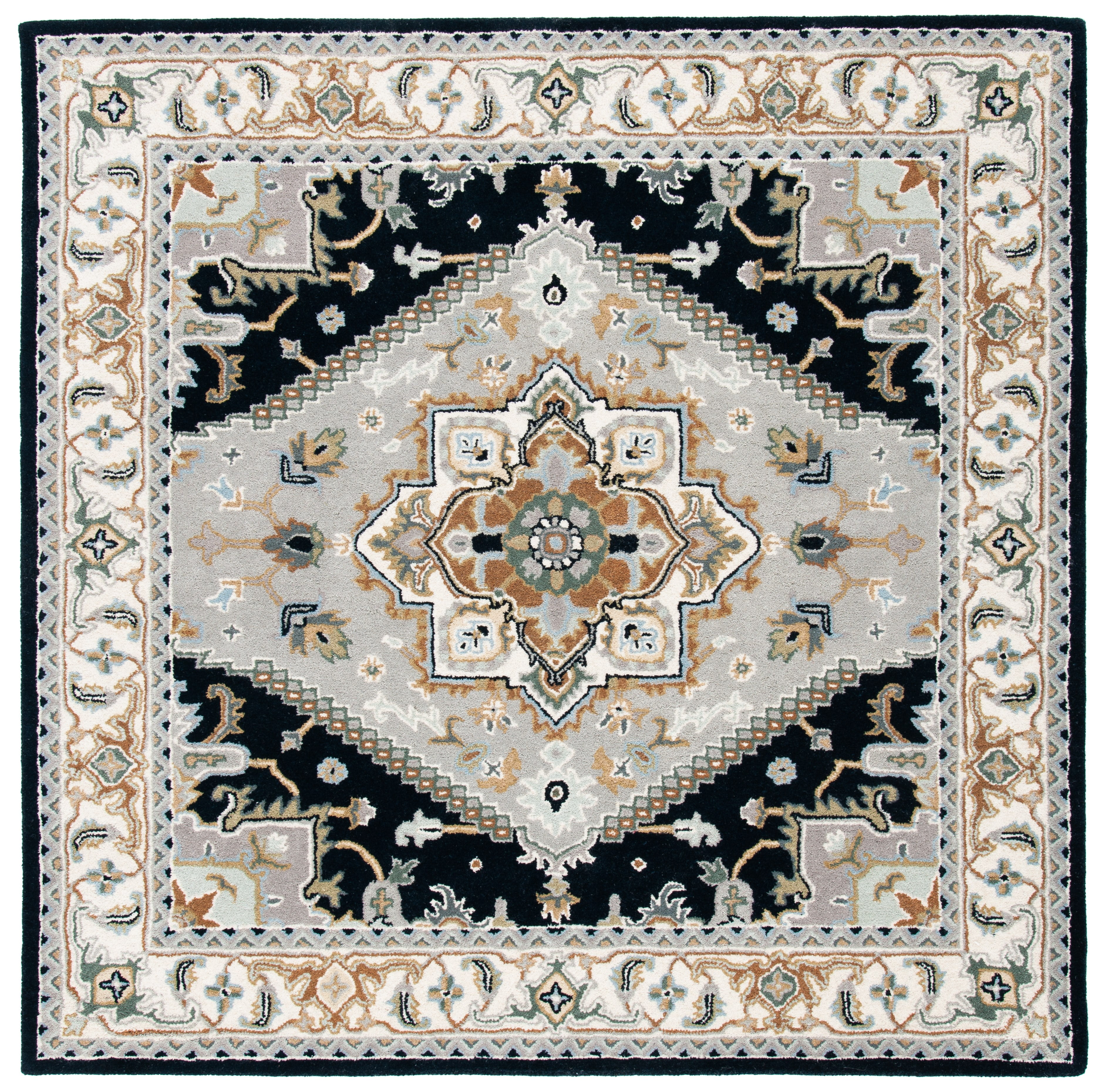 Grey and Navy Hand-Tufted Wool Square Area Rug, 4' x 4'