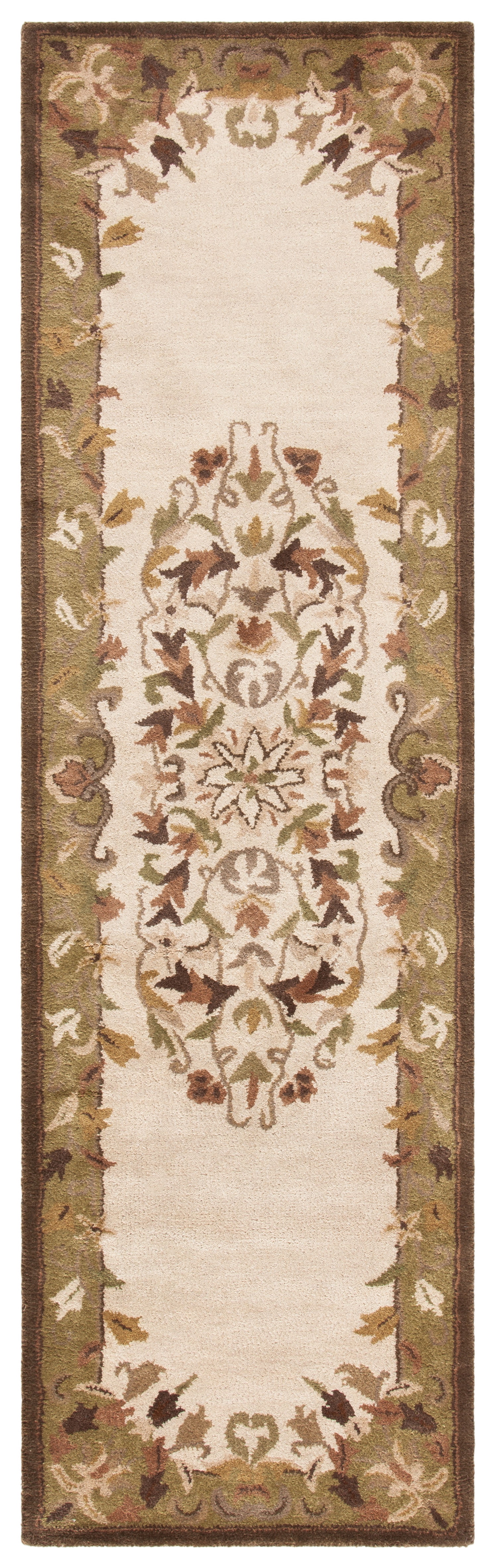 Beige and Green Hand-Tufted Wool Runner Rug