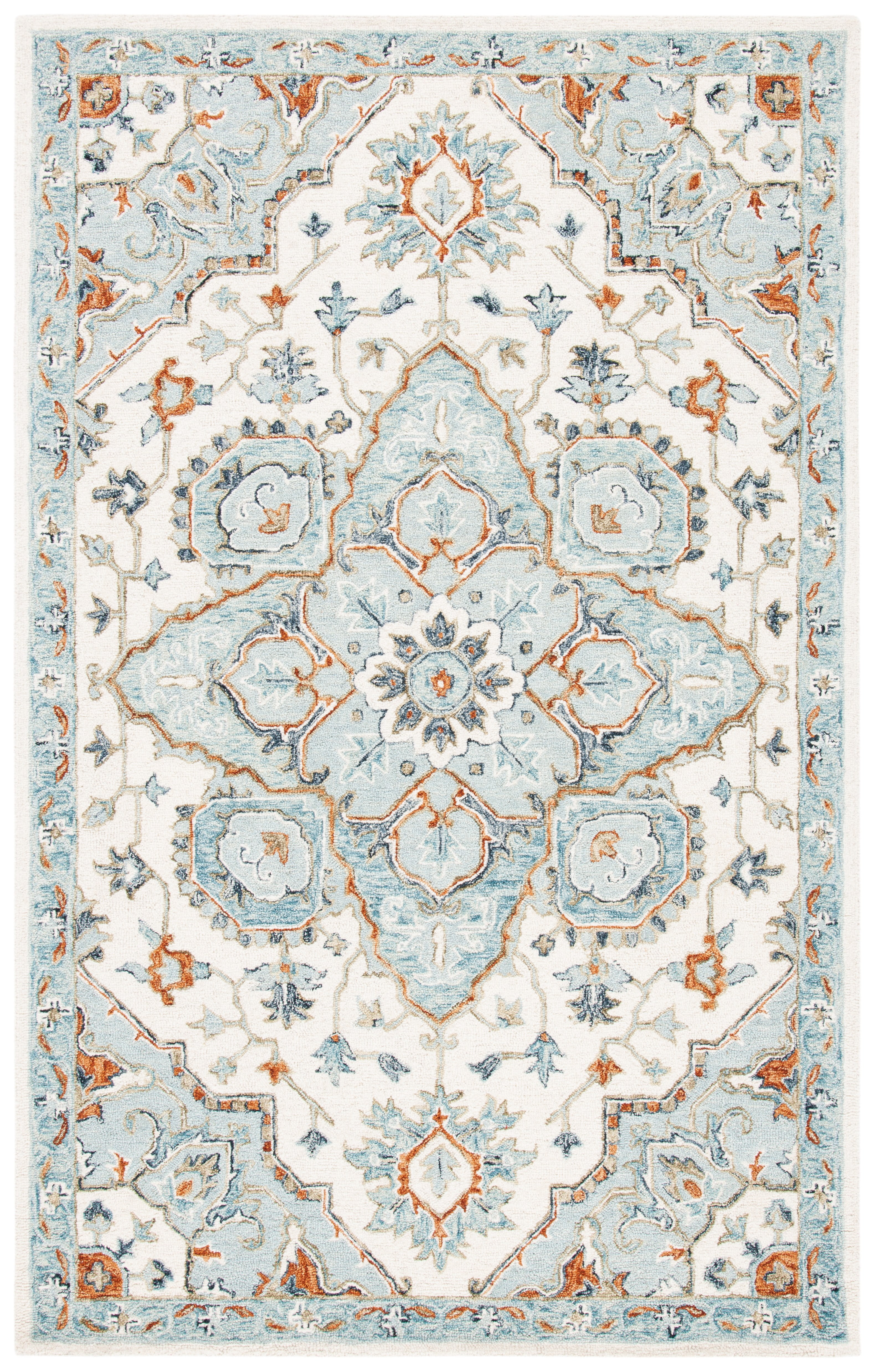 Handmade Ivory and Blue Wool Tufted 5' x 8' Rug