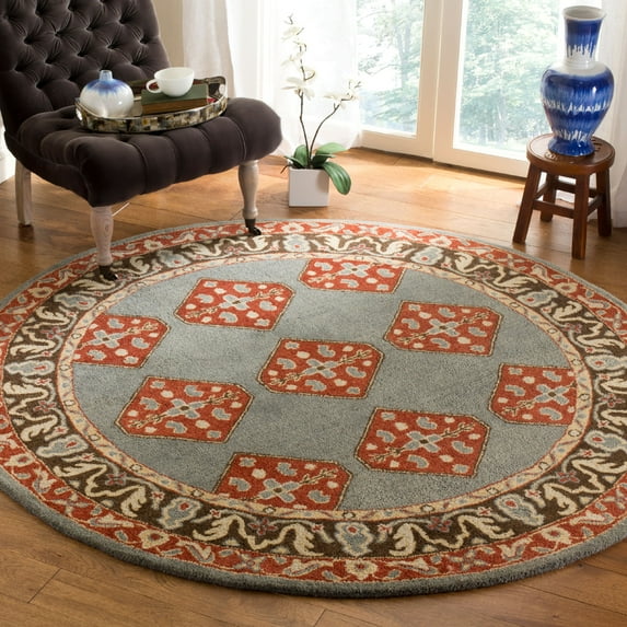 SAFAVIEH Heritage Hoyt Traditional Wool Area Rug, Blue/Charcoal, 6' x 6' Round