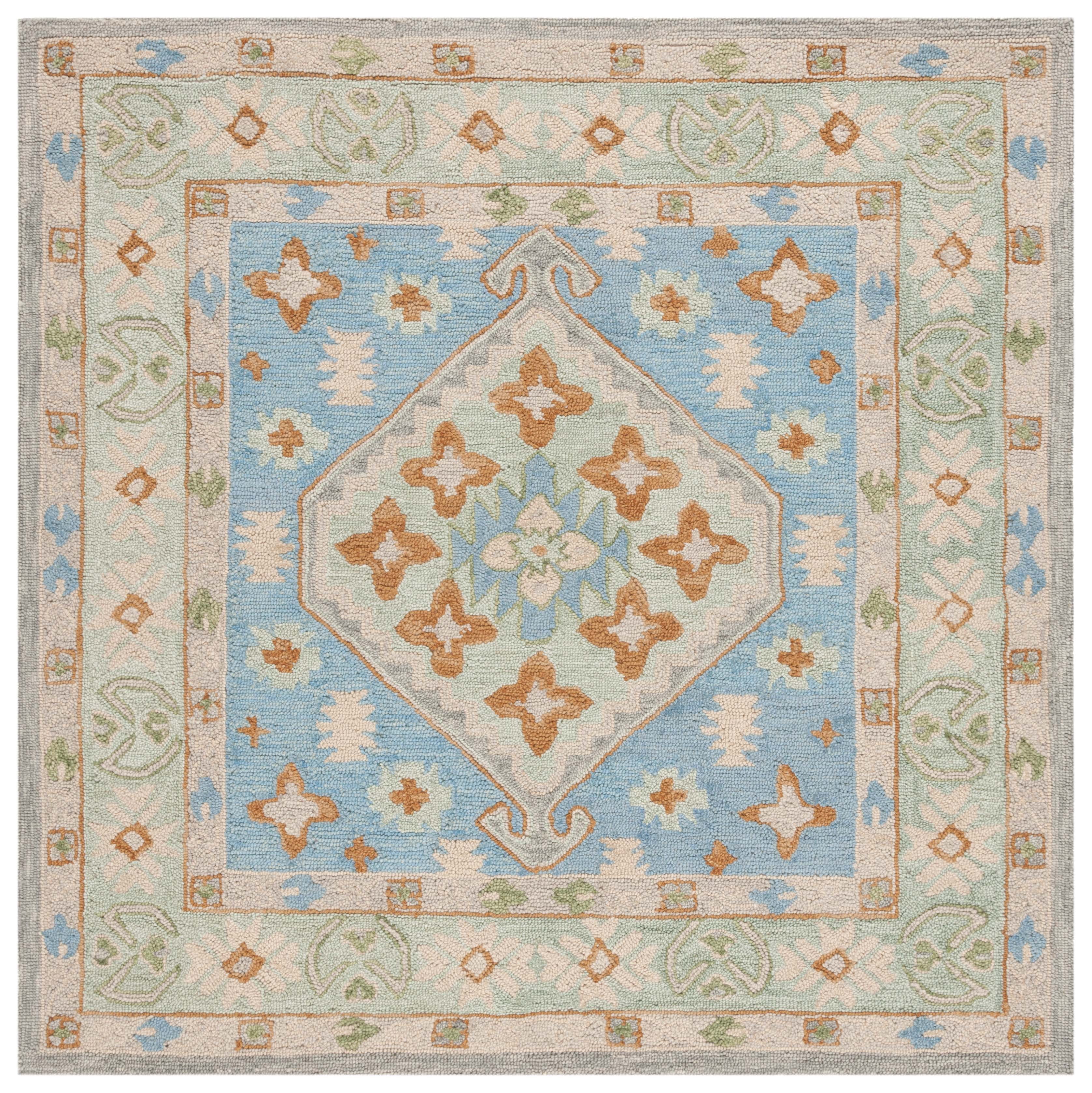 Hand-Tufted Ivory and Blue Wool Square Area Rug, 6'x6'
