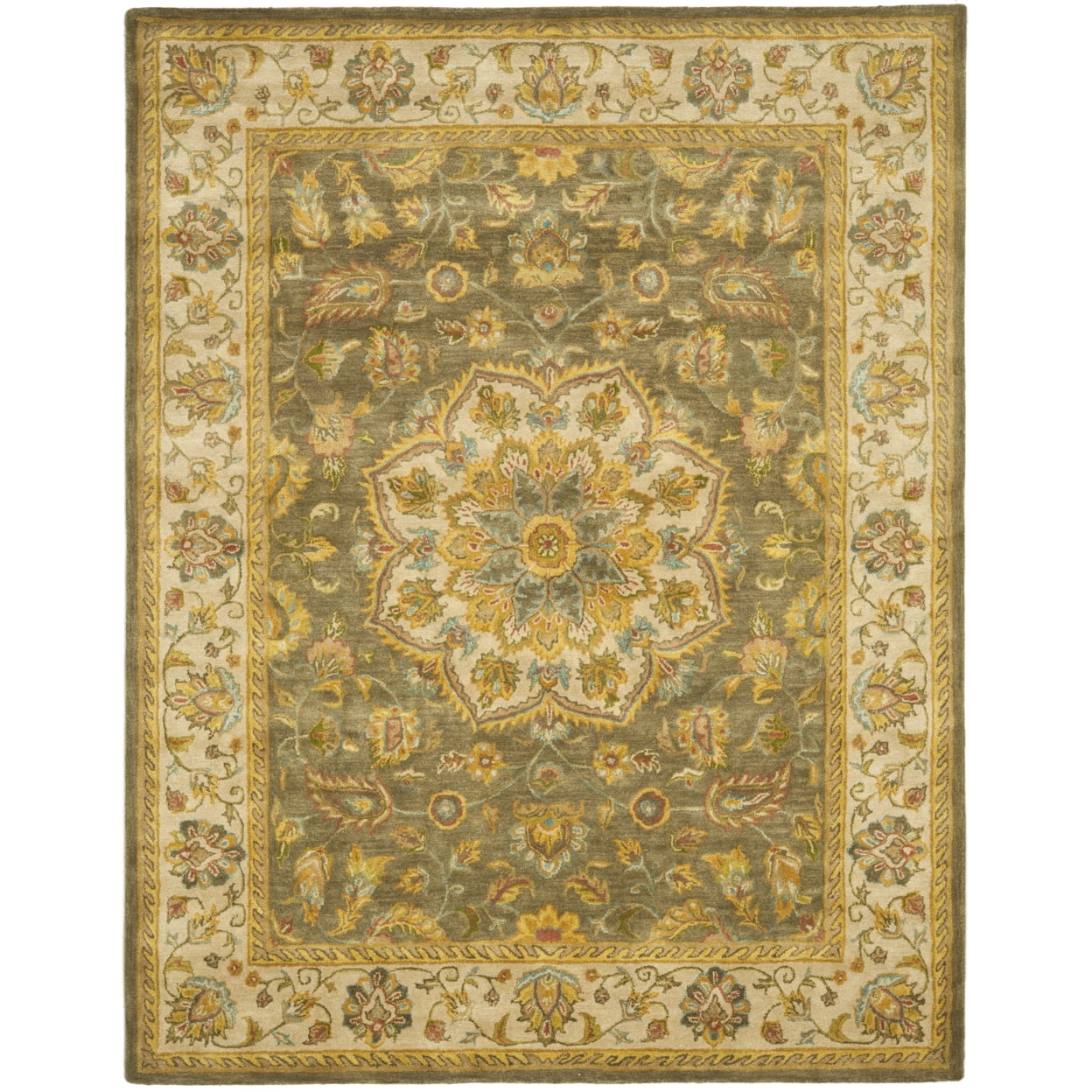 Ivory and Green Hand-Tufted Wool Area Rug, 5' x 8'