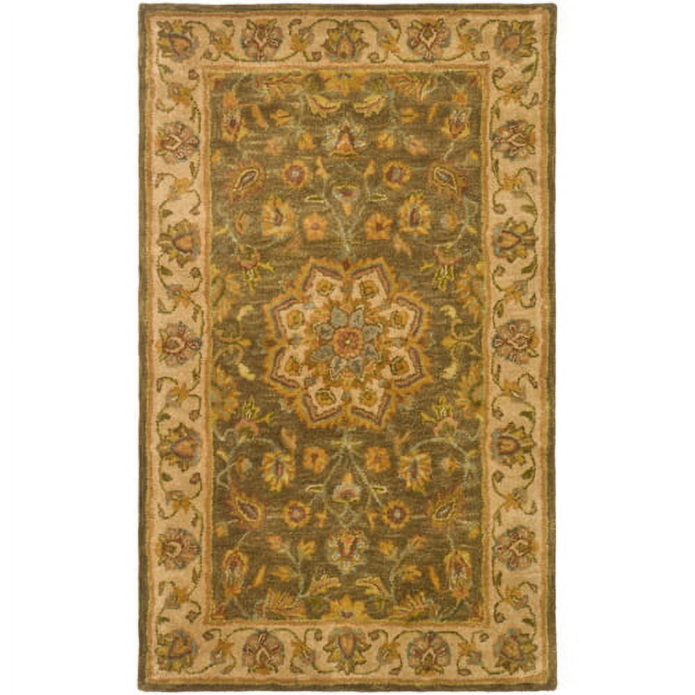 Ivory and Green Hand-Tufted Wool Area Rug, 3' x 5'