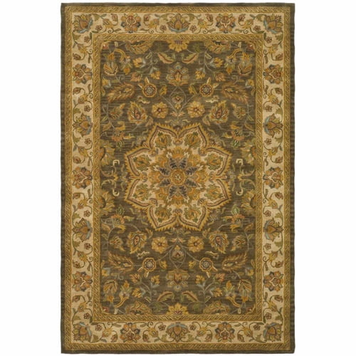 Ivory and Green Hand-Tufted Wool Area Rug, 5' x 8'