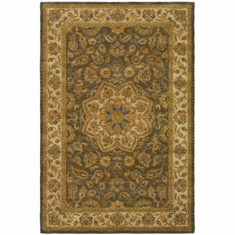 Ivory and Green Hand-Tufted Wool Area Rug, 5' x 8'