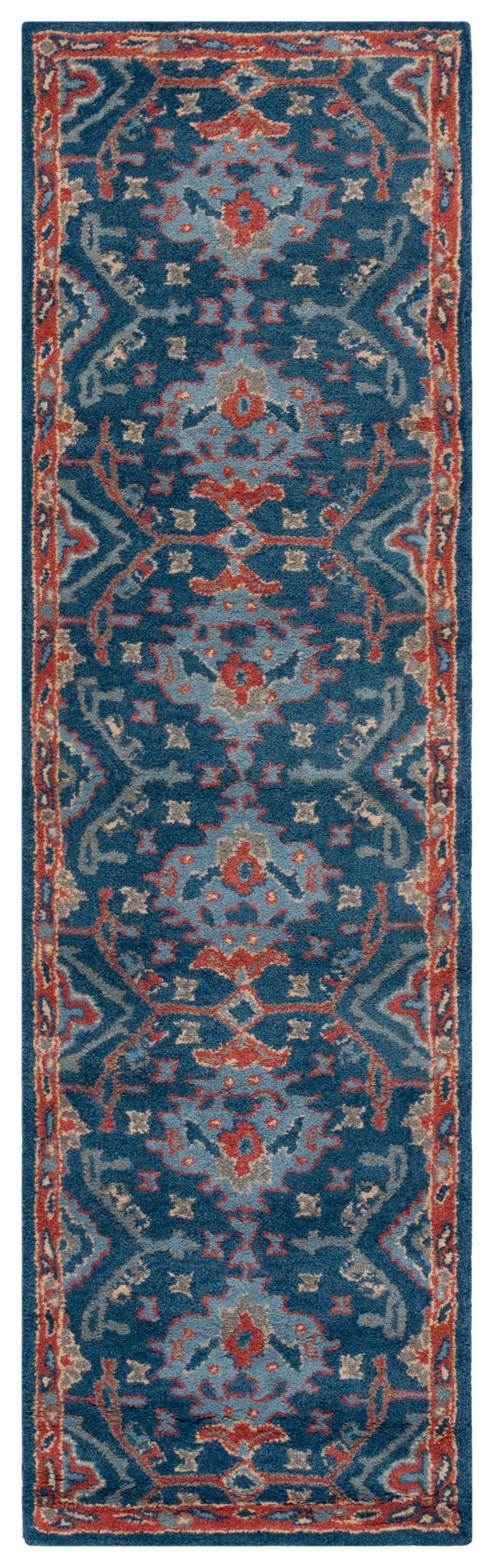 Handmade Blue Wool Runner Rug with Floral Pattern, 2'3" x 8'
