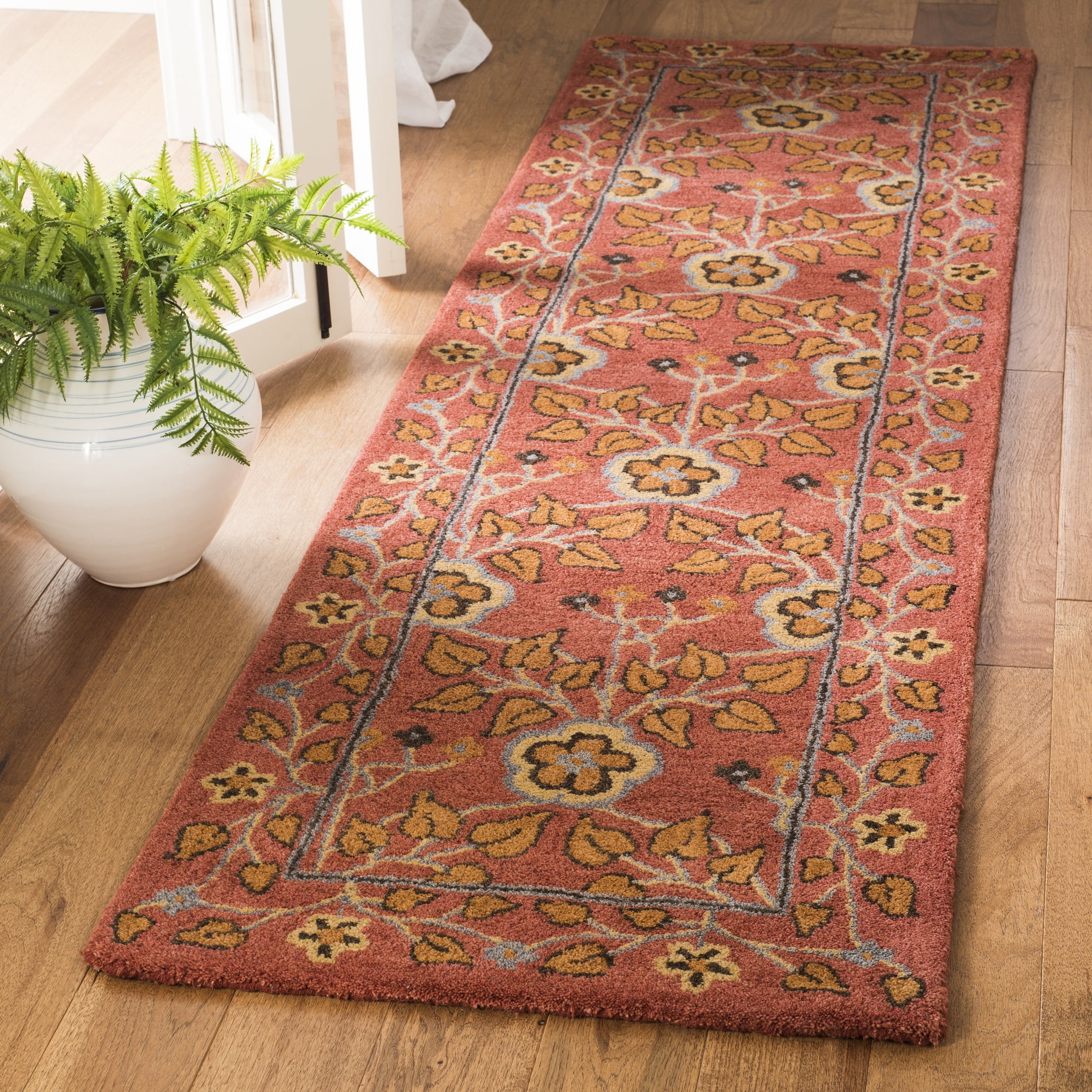 Handmade Red Wool Runner Rug with Floral Pattern, 2'3" x 10'