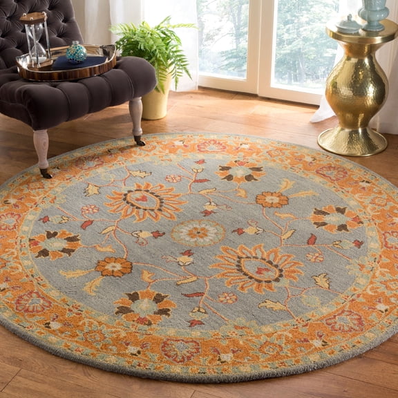 SAFAVIEH Heritage Tenzin Traditional Wool Area Rug, Blue/Orange, 8' x 8' Round