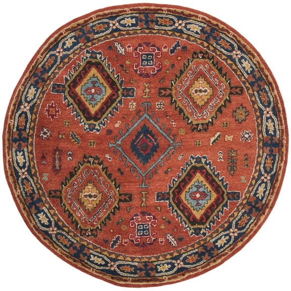 SAFAVIEH Heritage Vithya Geometric Wool Area Rug, Rust/Navy, 6' x 6' Round