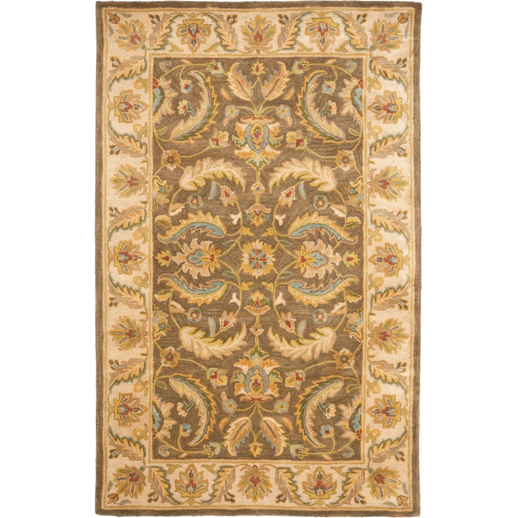 Ivory and Green Hand-Tufted Wool Area Rug, 5' x 8'