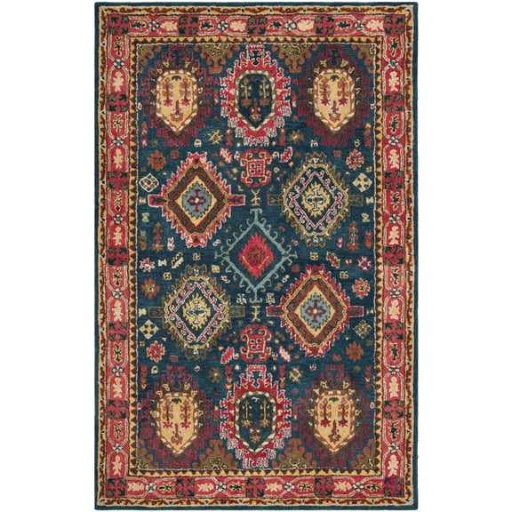SAFAVIEH Heritage Yasim Geometric Wool Area Rug, Navy/Red, 6' x 6' Square