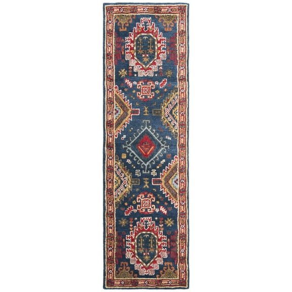 SAFAVIEH Heritage Yasim Geometric Wool Runner Rug, Navy/Red, 2'3" x 10'