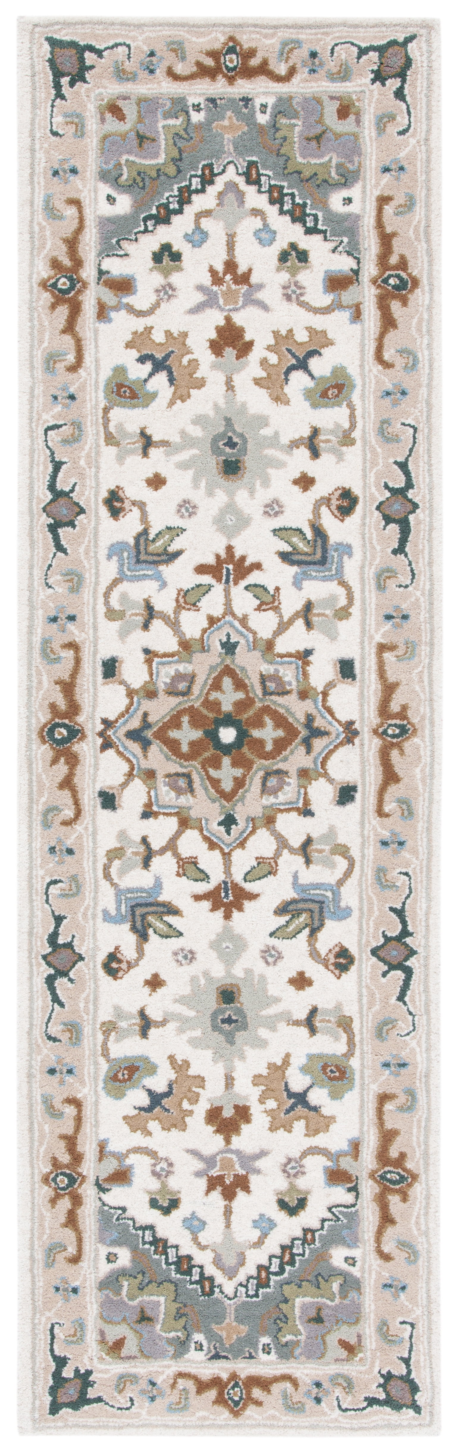Ivory and Light Blue Wool Oriental Runner Rug