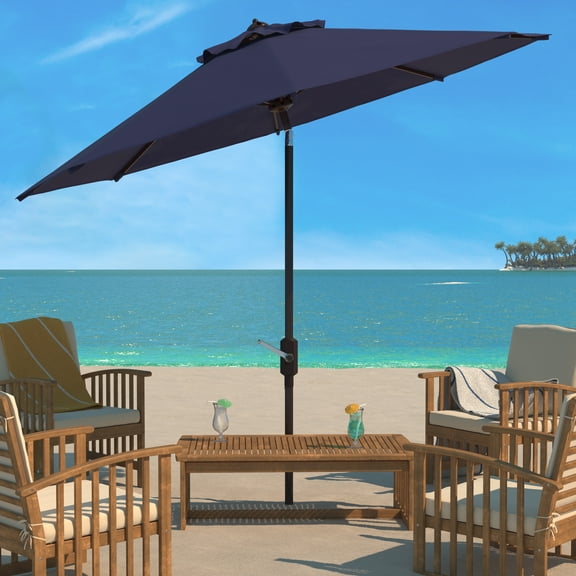 SAFAVIEH Herla 11' Auto Tilt Market Round Patio Umbrella, Navy