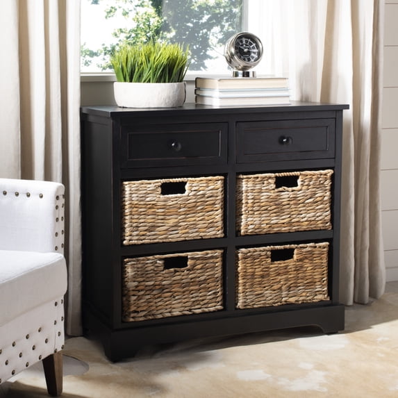 SAFAVIEH Herman Storage Unit with Wicker Baskets, Distressed Black, for Entryway or Living Room