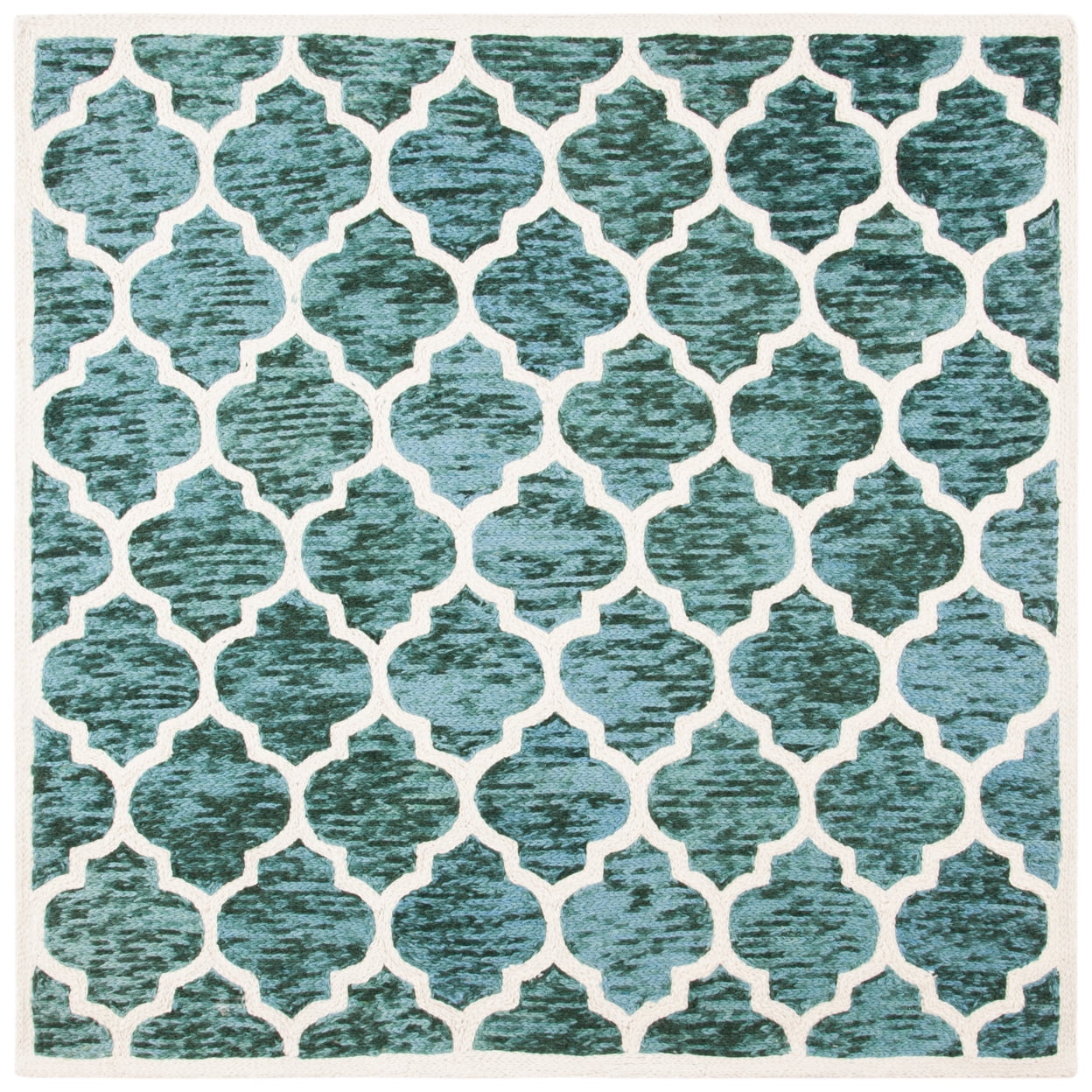 Hand-Knotted Turquoise/Ivory Wool Square Area Rug, 6' x 6'