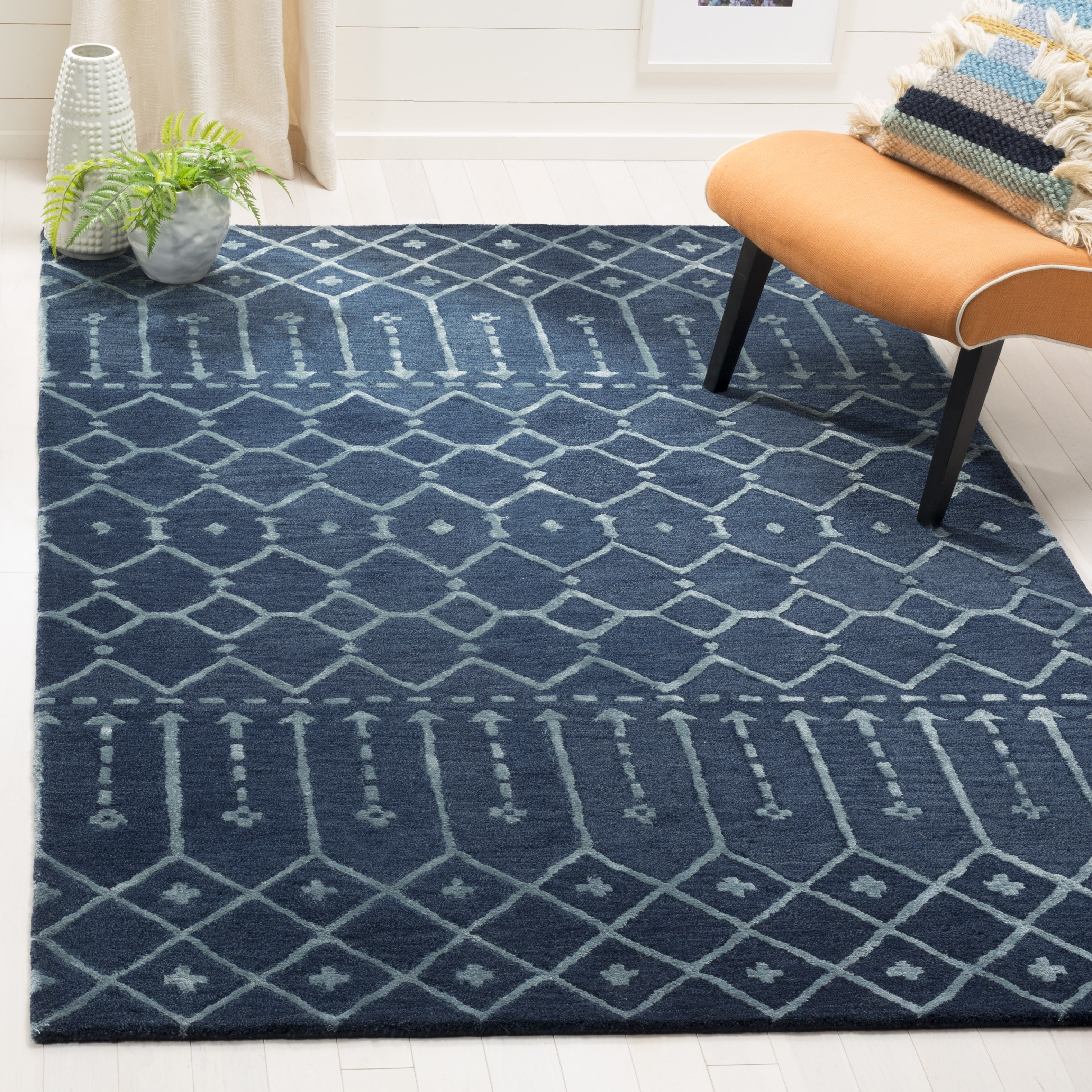 Handmade Navy and Silver Wool Geometric 10' x 14' Area Rug
