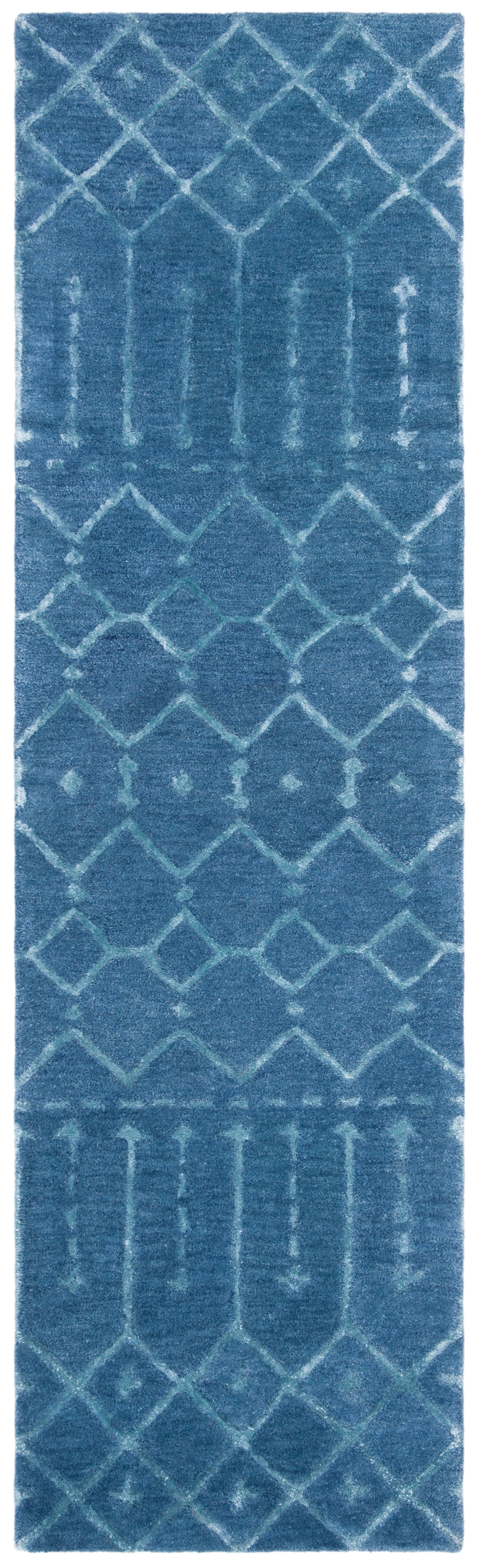 Handmade Navy and Silver Wool Geometric Runner Rug