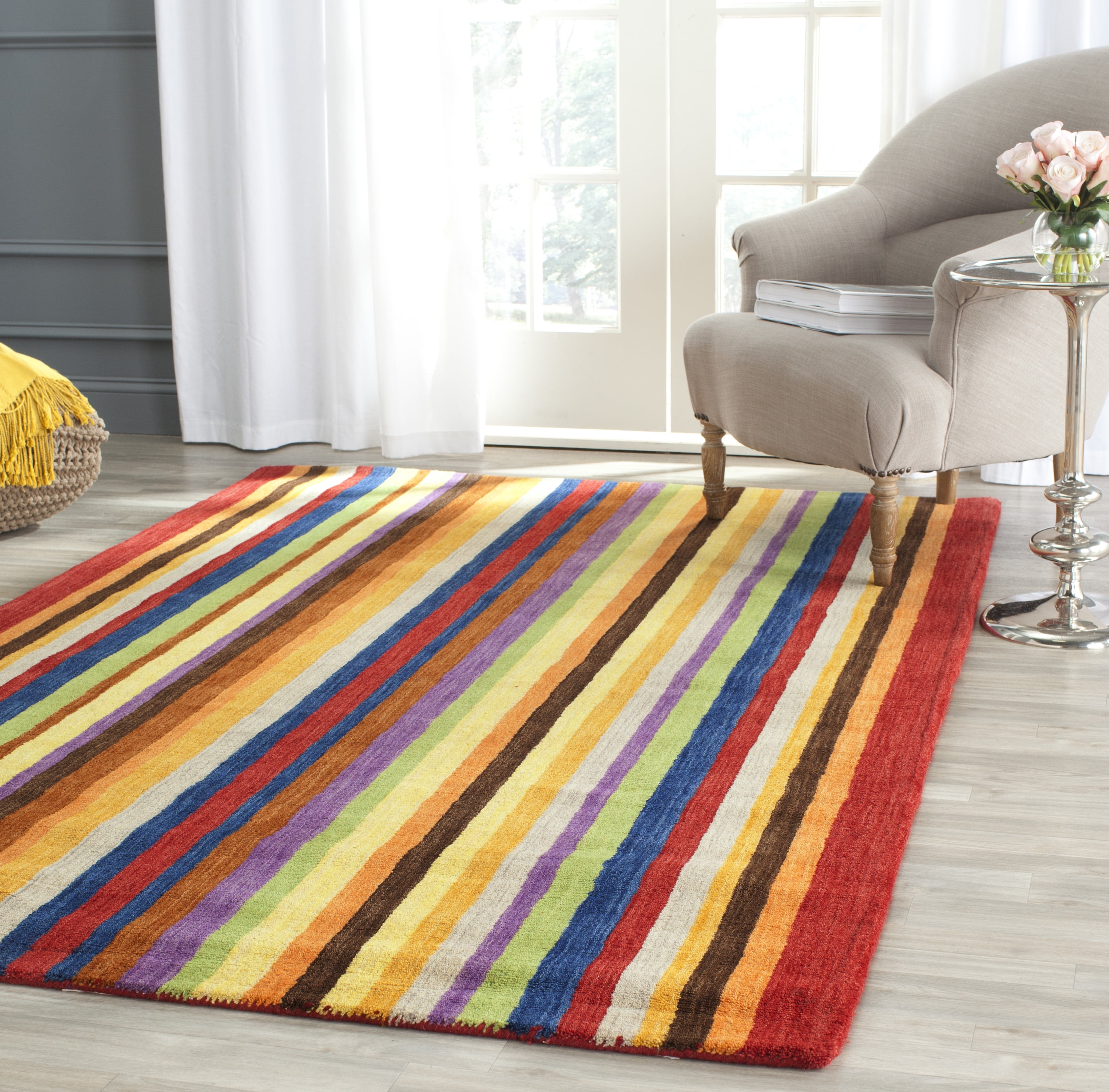Artisan Red Stripe 4' Square Hand-Knotted Wool Rug