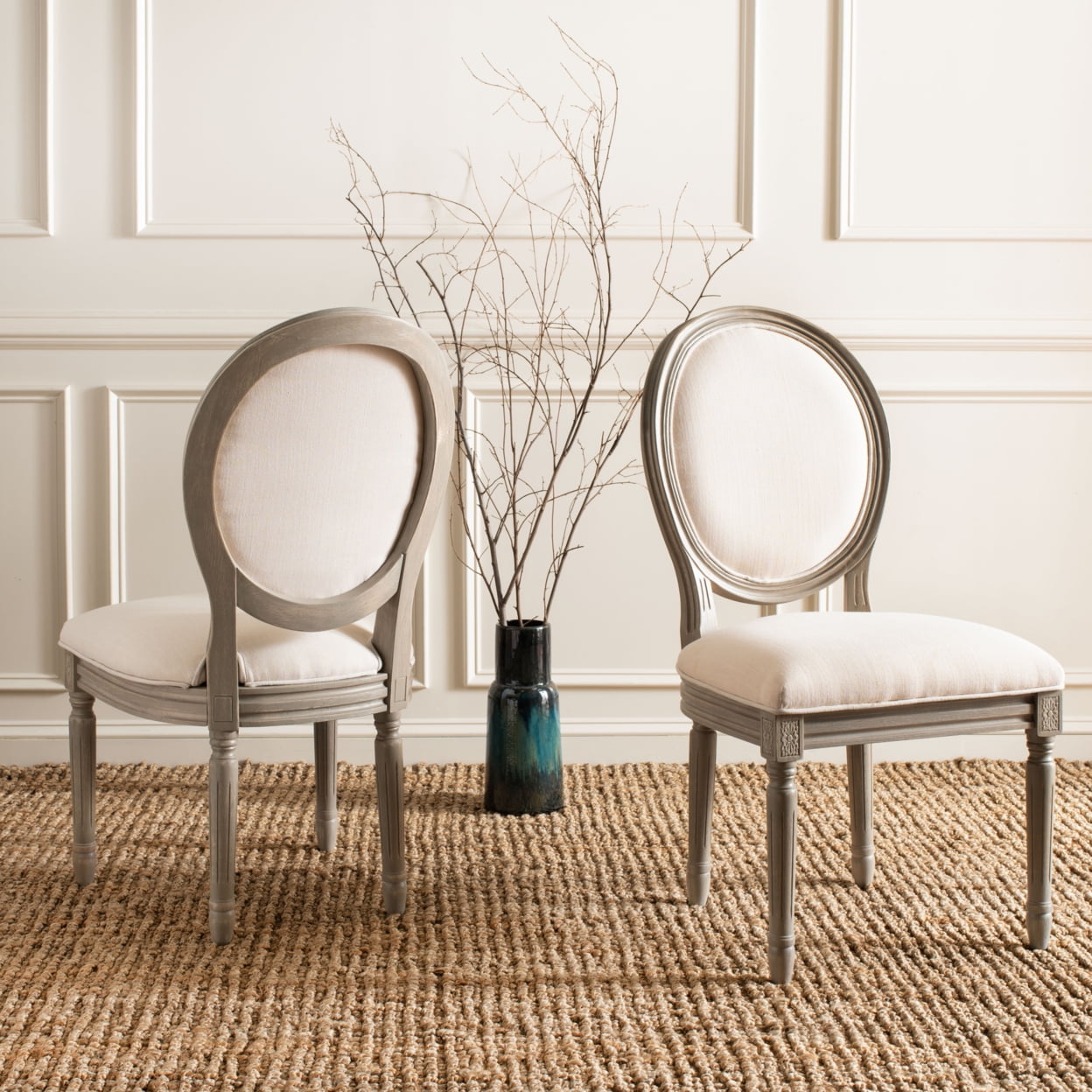 Beige Linen Upholstered Side Chair with Wood Carved Legs - Set of 2