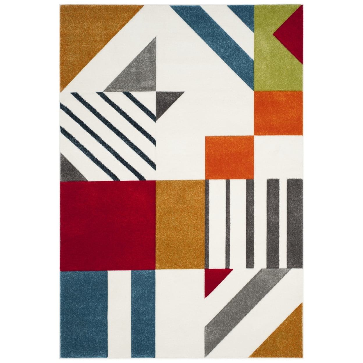 Ivory and Peacock Blue Geometric Mid-Century Modern Area Rug