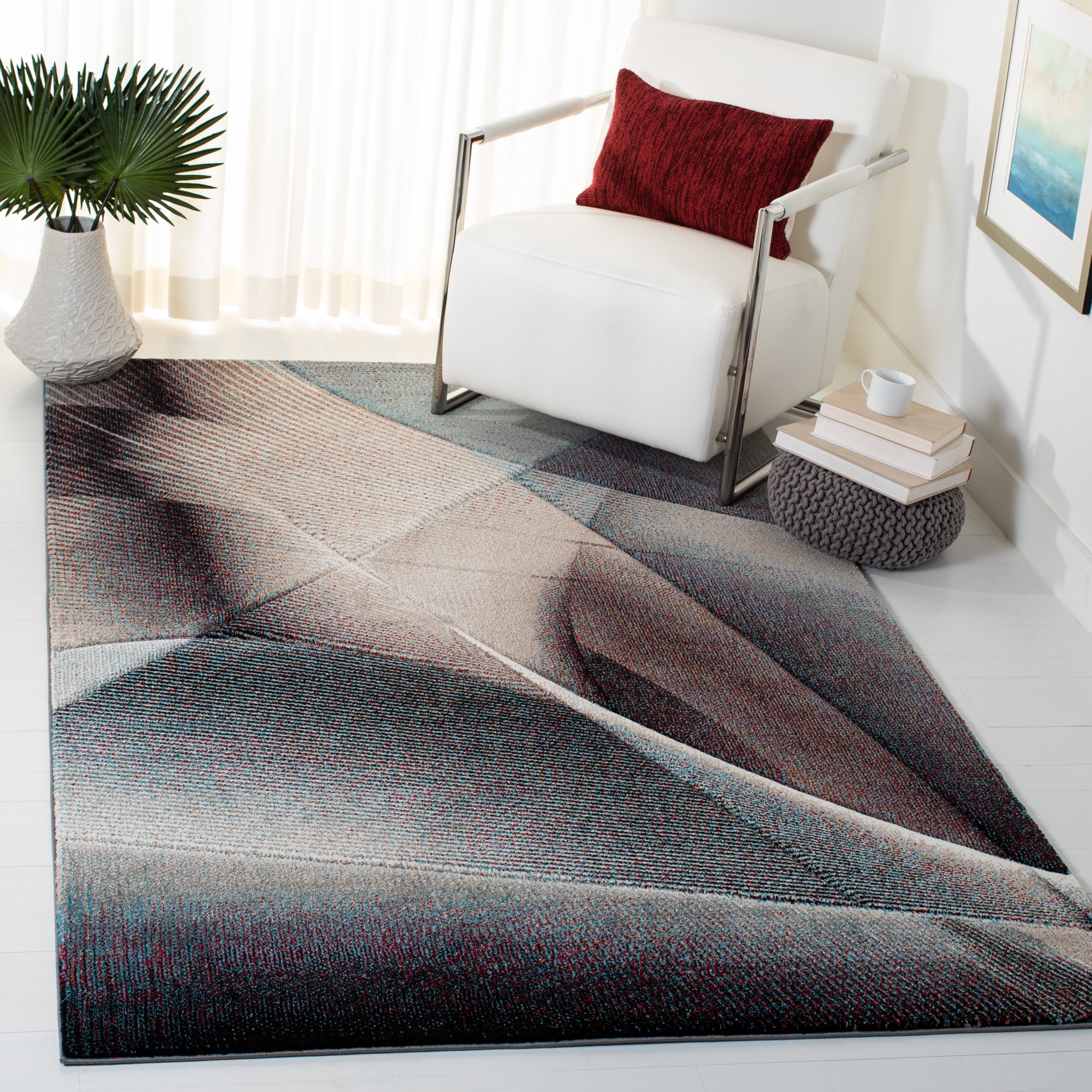 Mid-Century Blue Geometric 9' x 12' Easy-Care Synthetic Area Rug