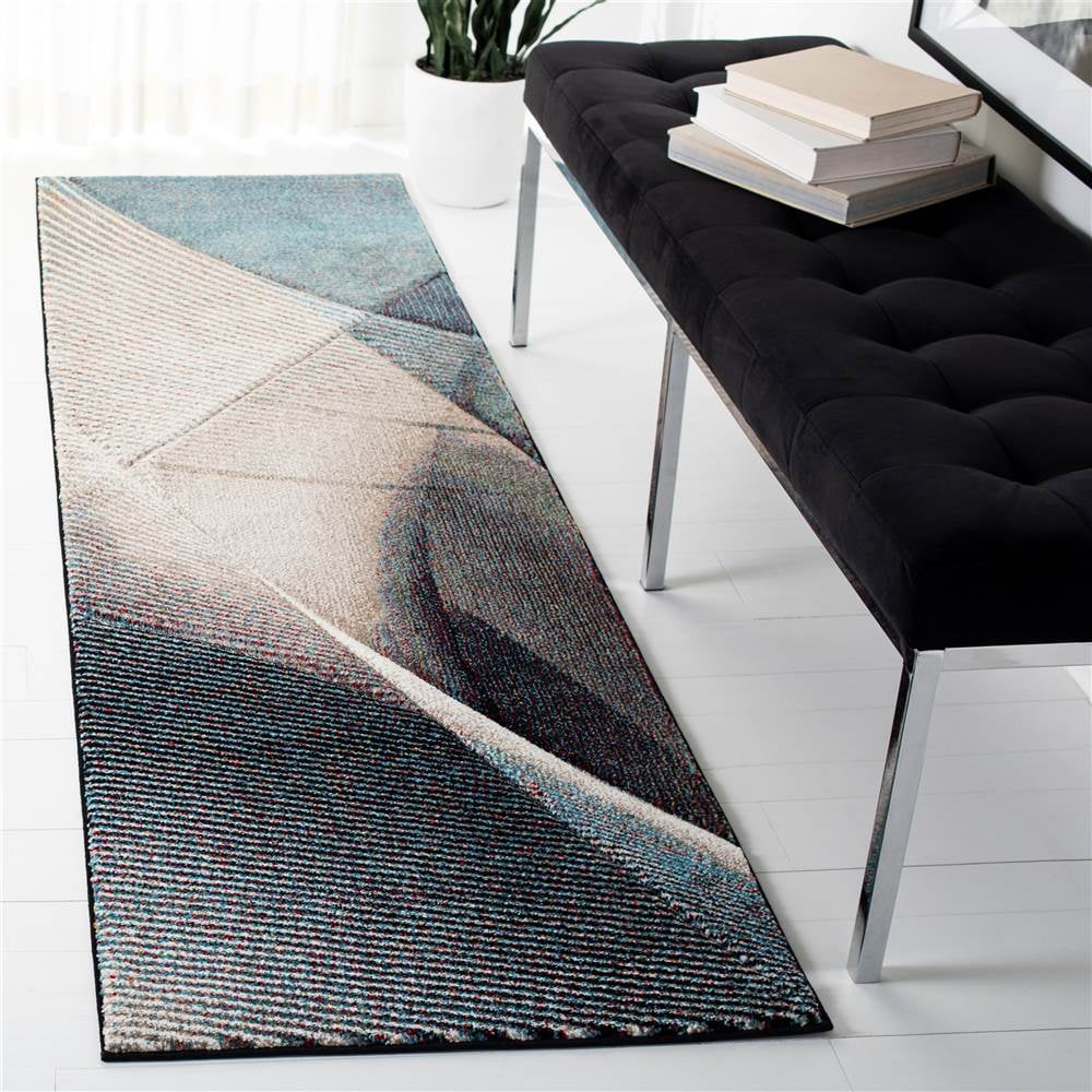 Beige and Blue Mid-Century Modern Runner Rug