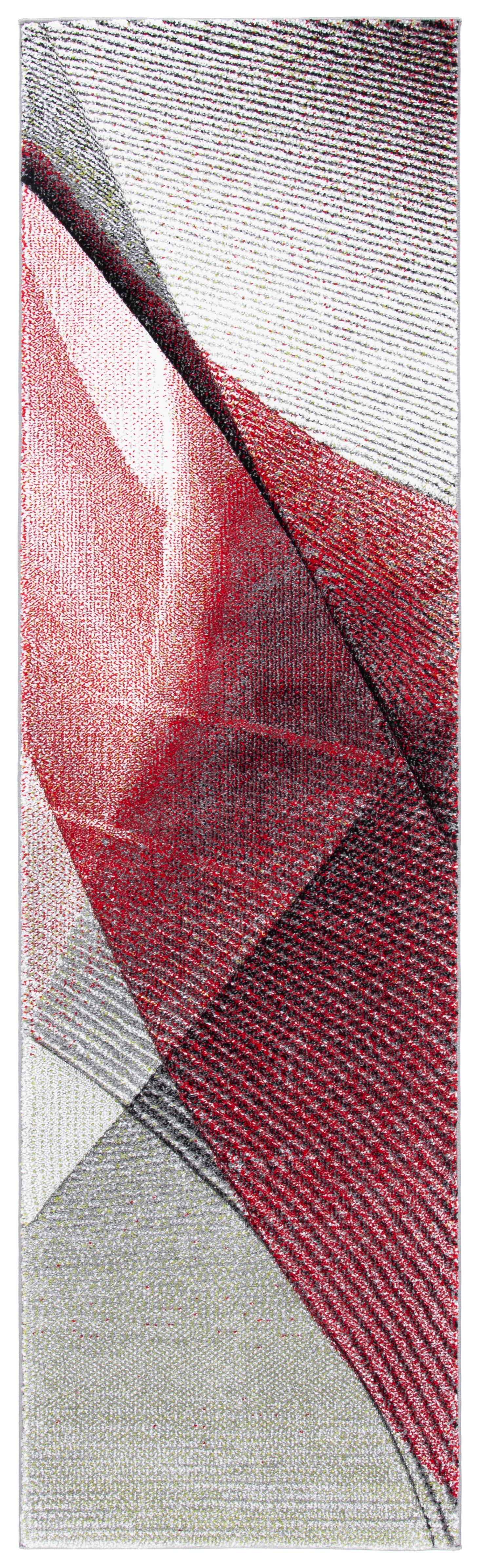 Grey and Red Geometric Synthetic Runner Rug, 2'3" x 8'