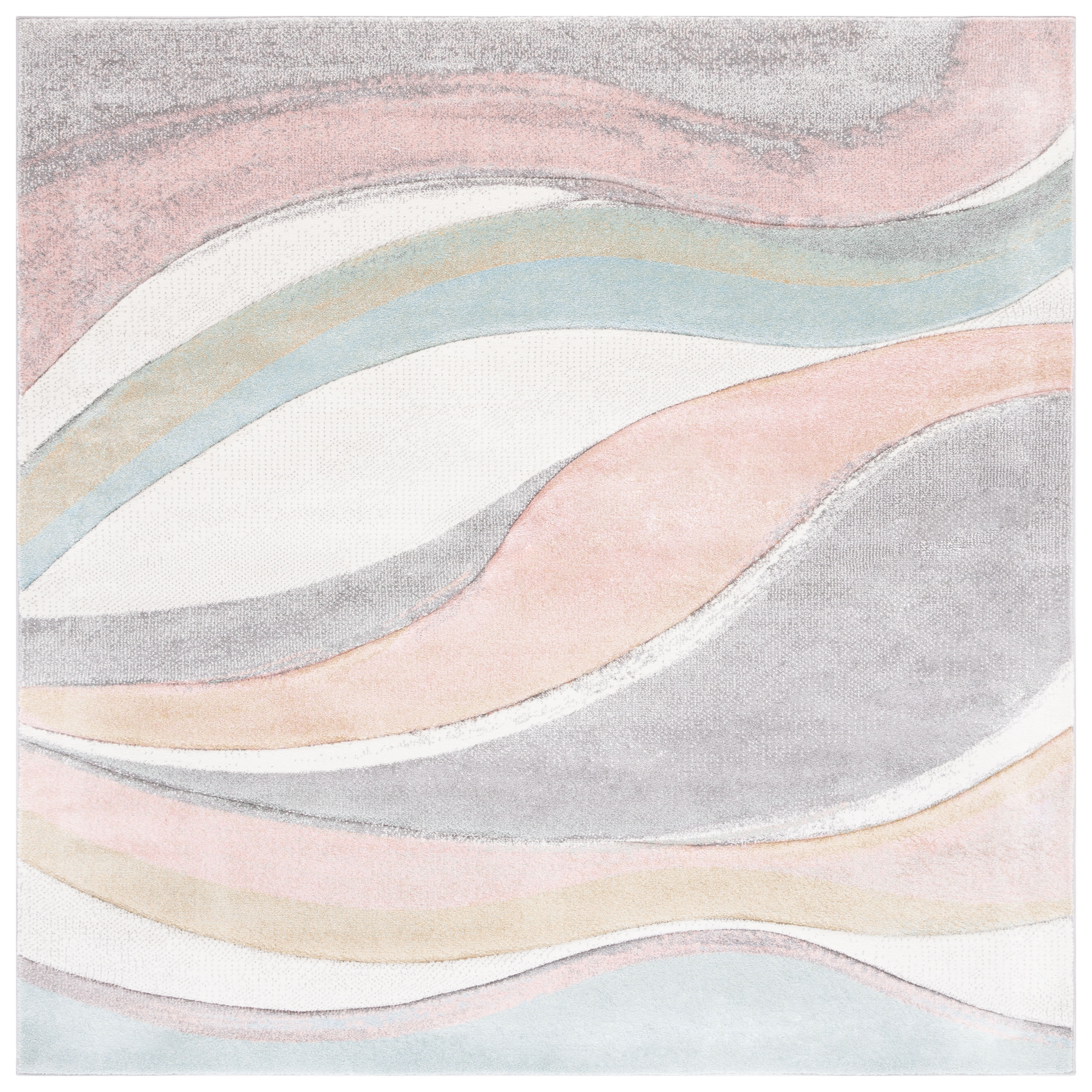 Grey and Pink Mid-Century Modern Synthetic Square Rug