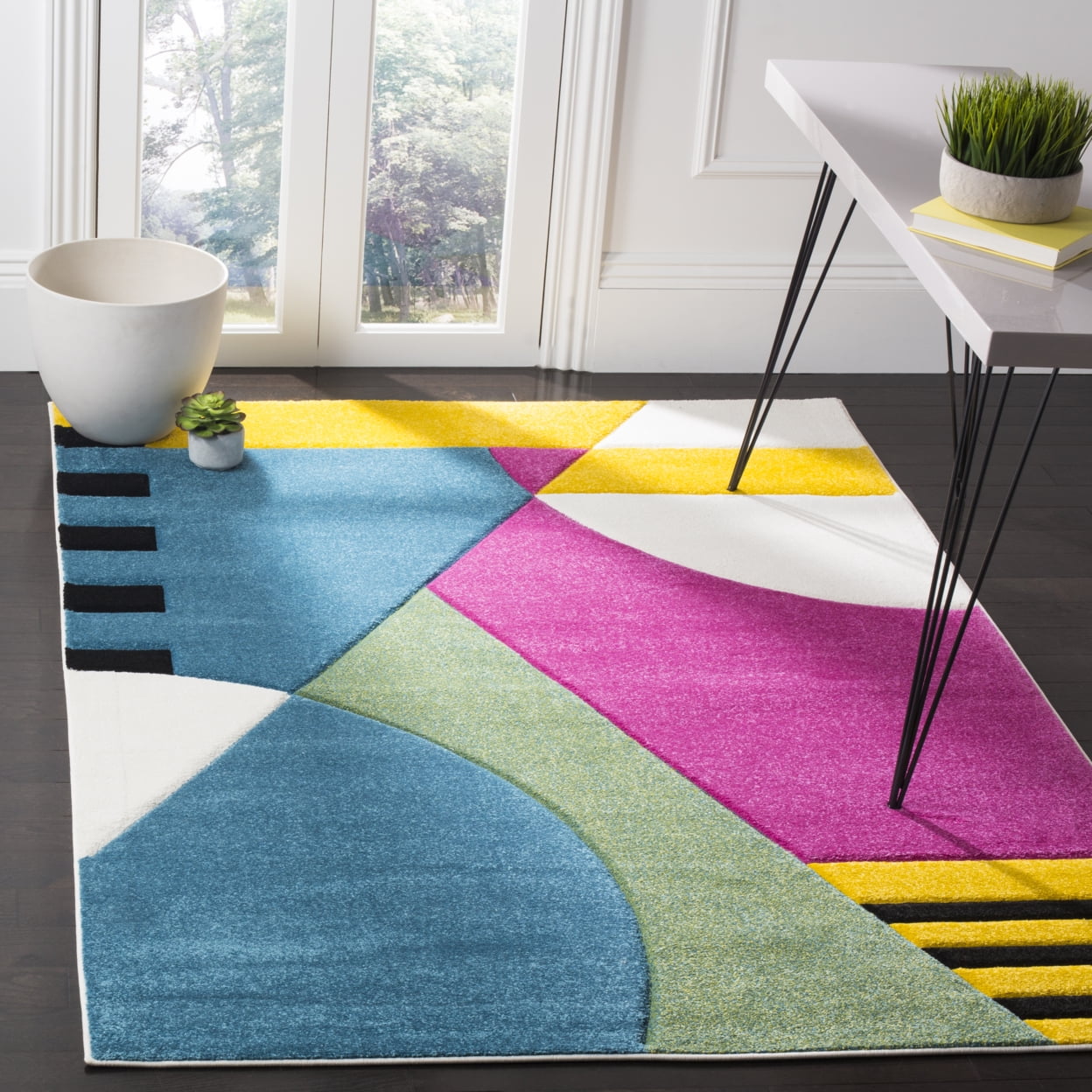 Peacock Blue and Fuchsia Mid-Century Modern Area Rug