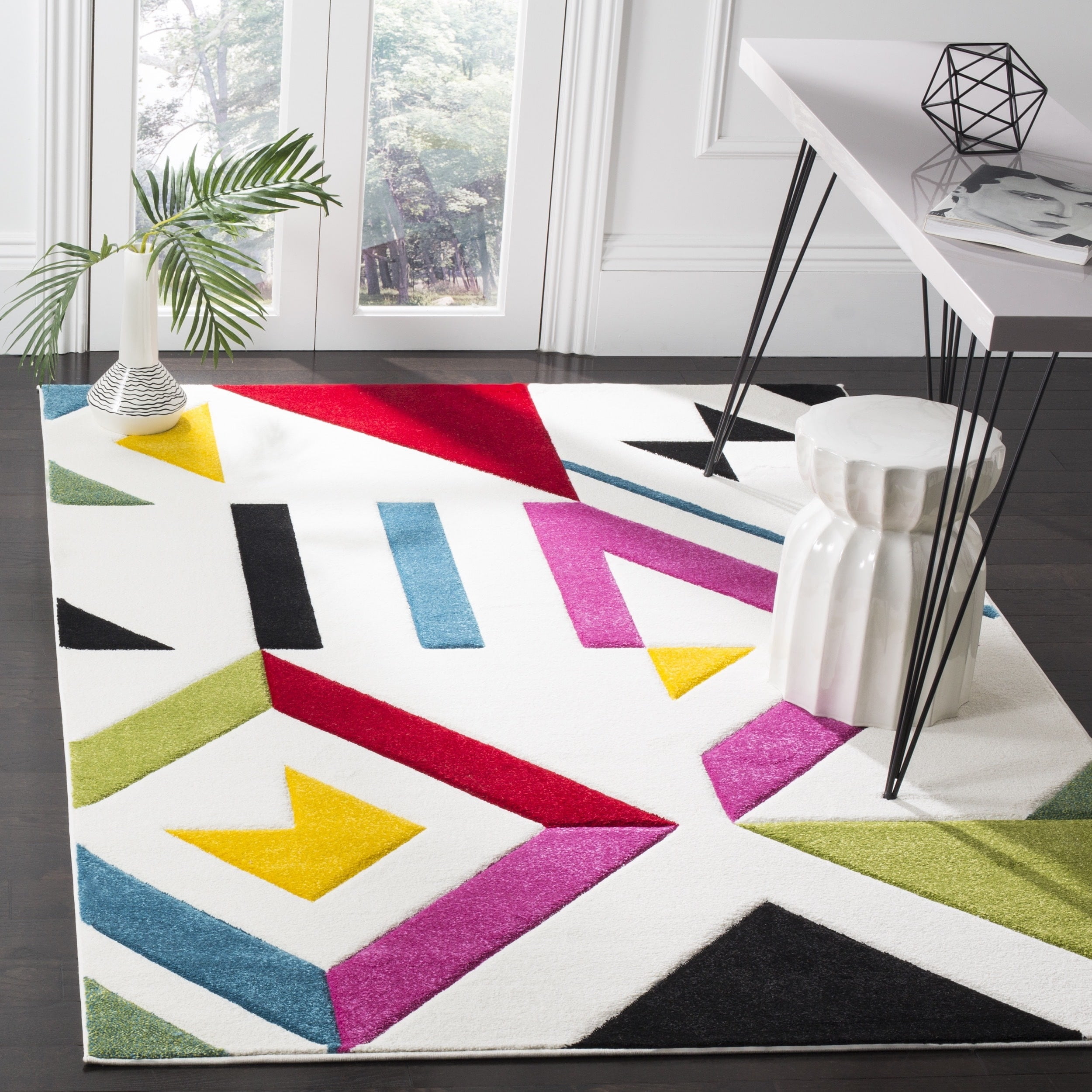 Ivory and Multicolor Geometric Synthetic 8' x 10' Area Rug