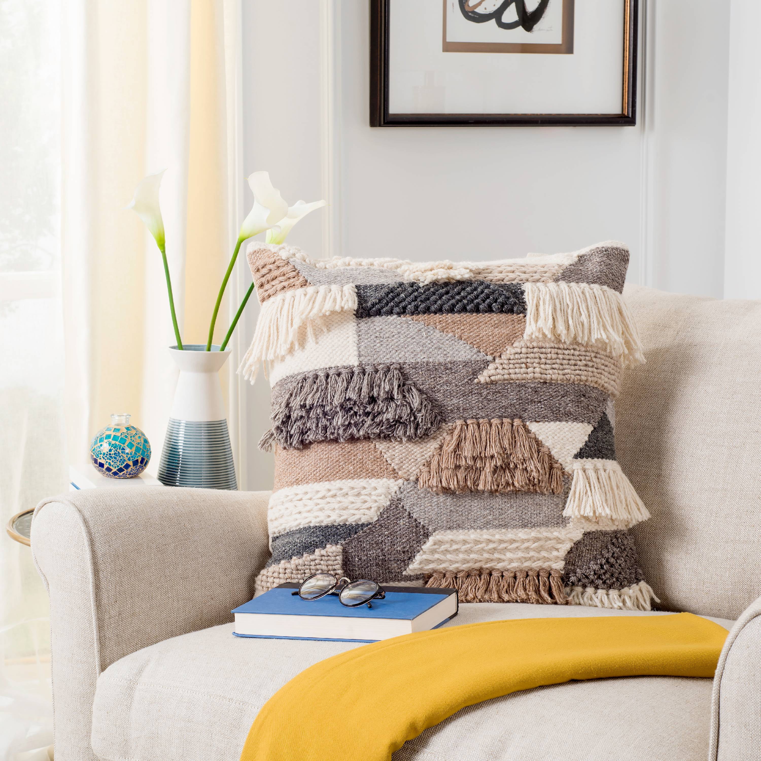 Gray and Ivory Geometric Wool Fringe Throw Pillow