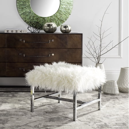 SAFAVIEH Horace Faux Sheep Skin Square Bench, White Faux/Chrome