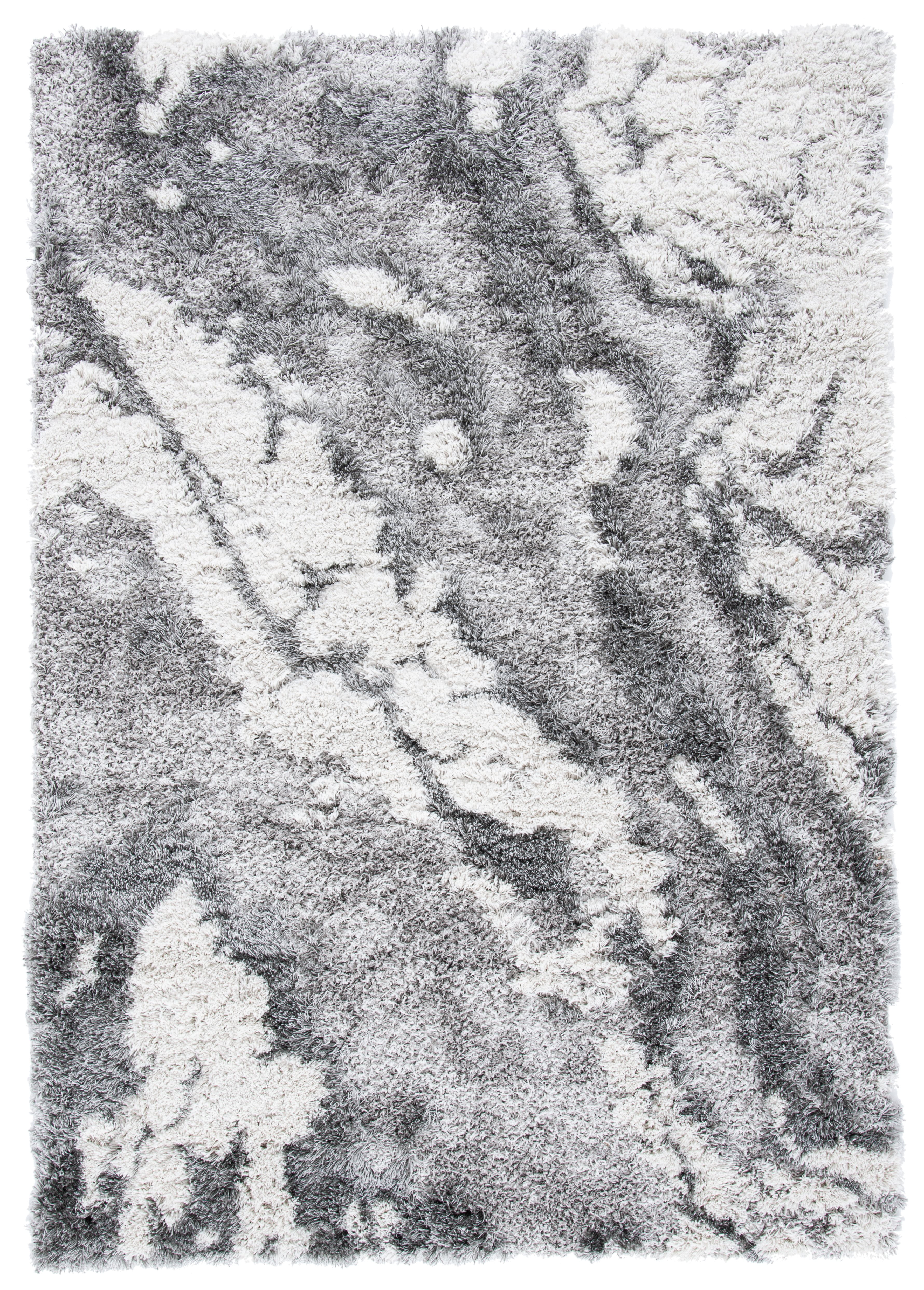 Grey and Ivory Abstract Shag Rug, 3' x 5'