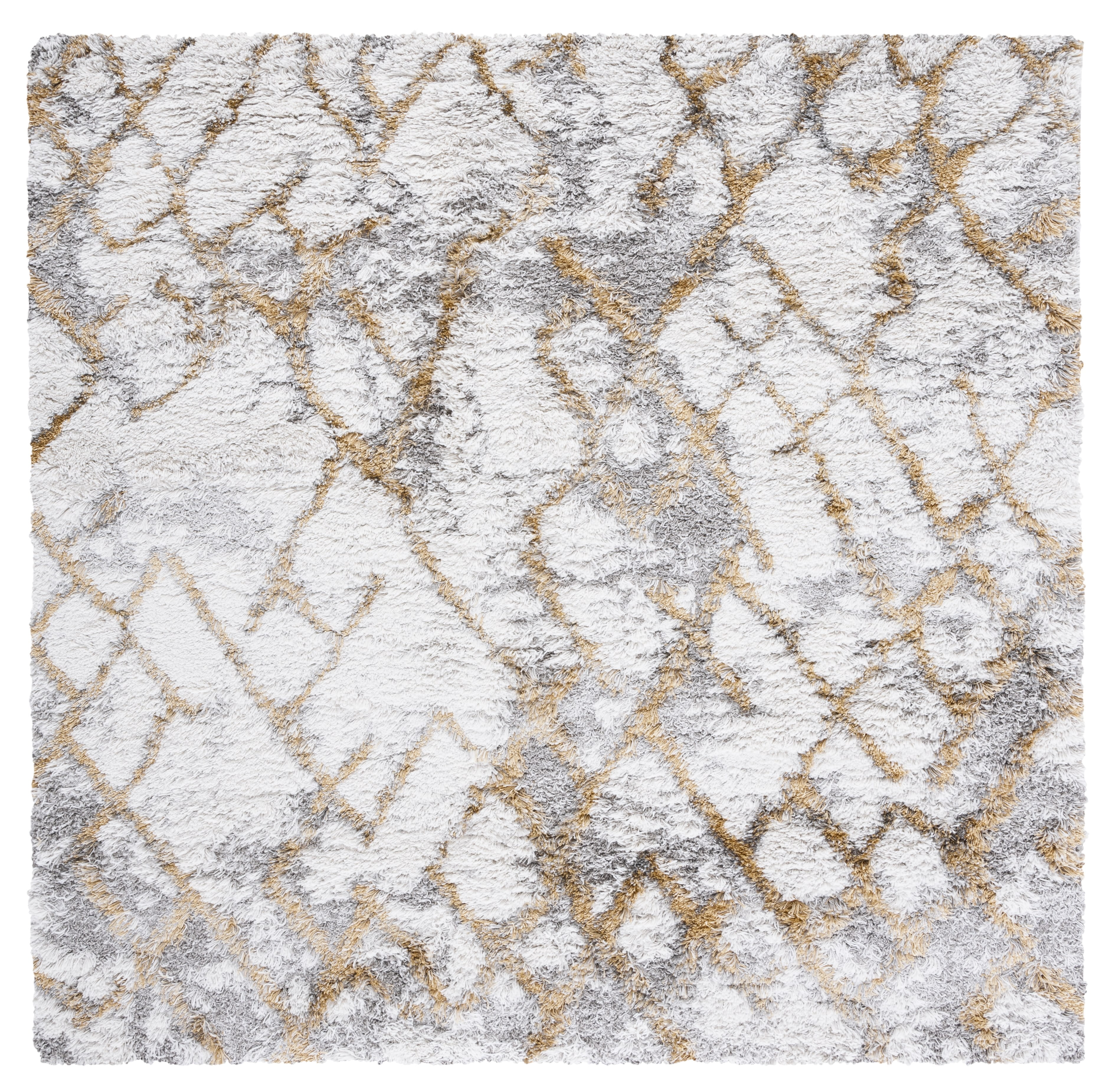 Ivory and Gold Abstract Shag 3' x 3' Square Rug