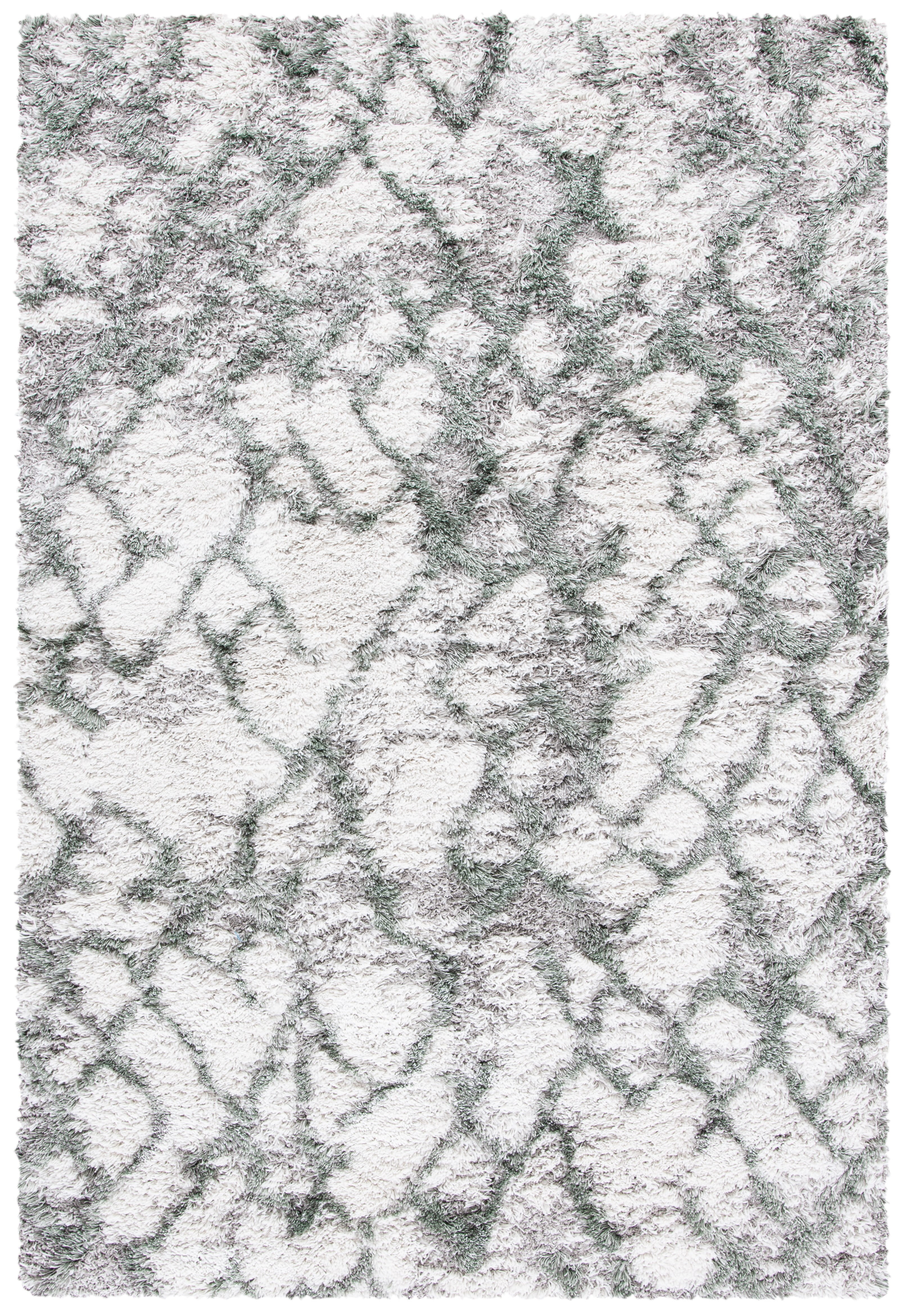 Ivory and Green Abstract Shag Rug, 5'3" x 7'7"