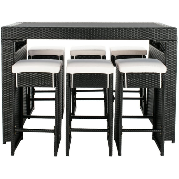 SAFAVIEH Horus Outdoor Patio 7 Piece Bar Dining Set, Black/Beige