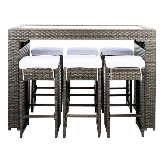 SAFAVIEH Horus Outdoor Patio 7 Piece Bar Dining Set, Grey Brown/White