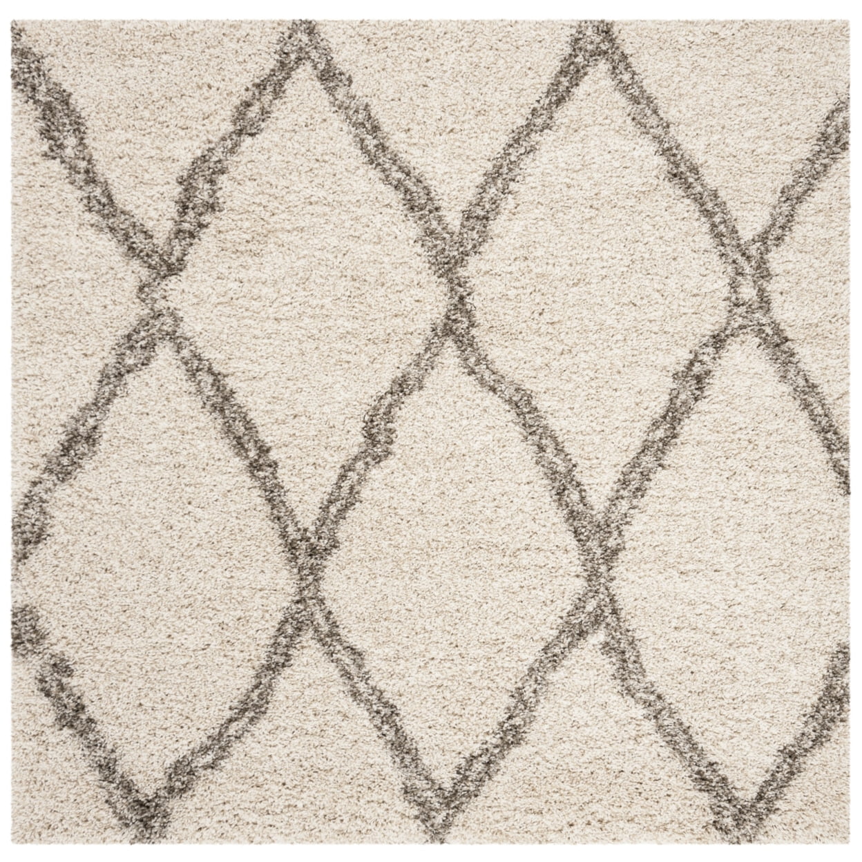 Ivory and Grey 5' Square Abstract Shag Area Rug