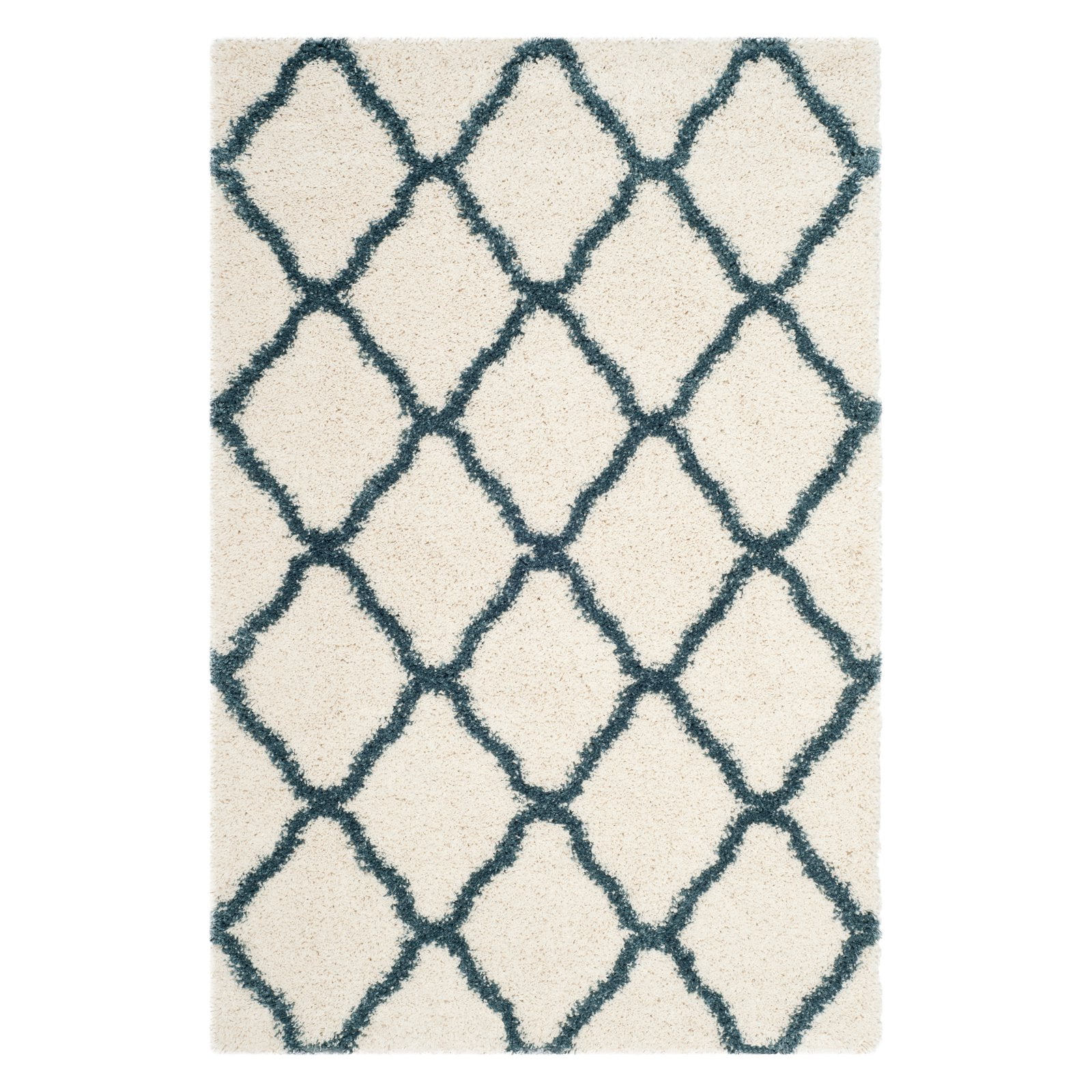 Ivory and Slate Blue Hand-knotted Round Shag Rug