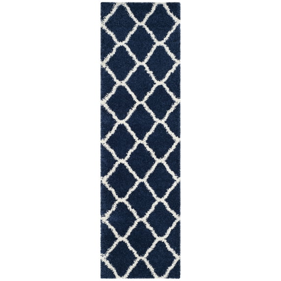 SAFAVIEH Hudson Aline Plush Geometric Shag Runner Rug, Navy/Ivory, 2'3" x 14'