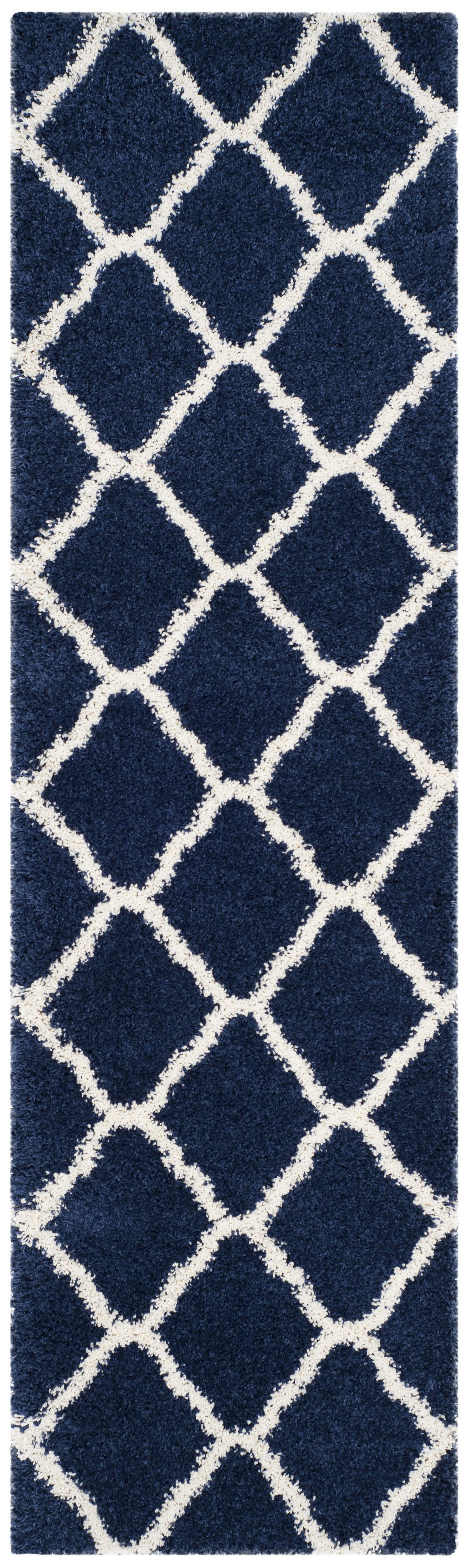 SAFAVIEH Hudson Aline Plush Geometric Shag Runner Rug, Navy/Ivory, 2'3" x 16'