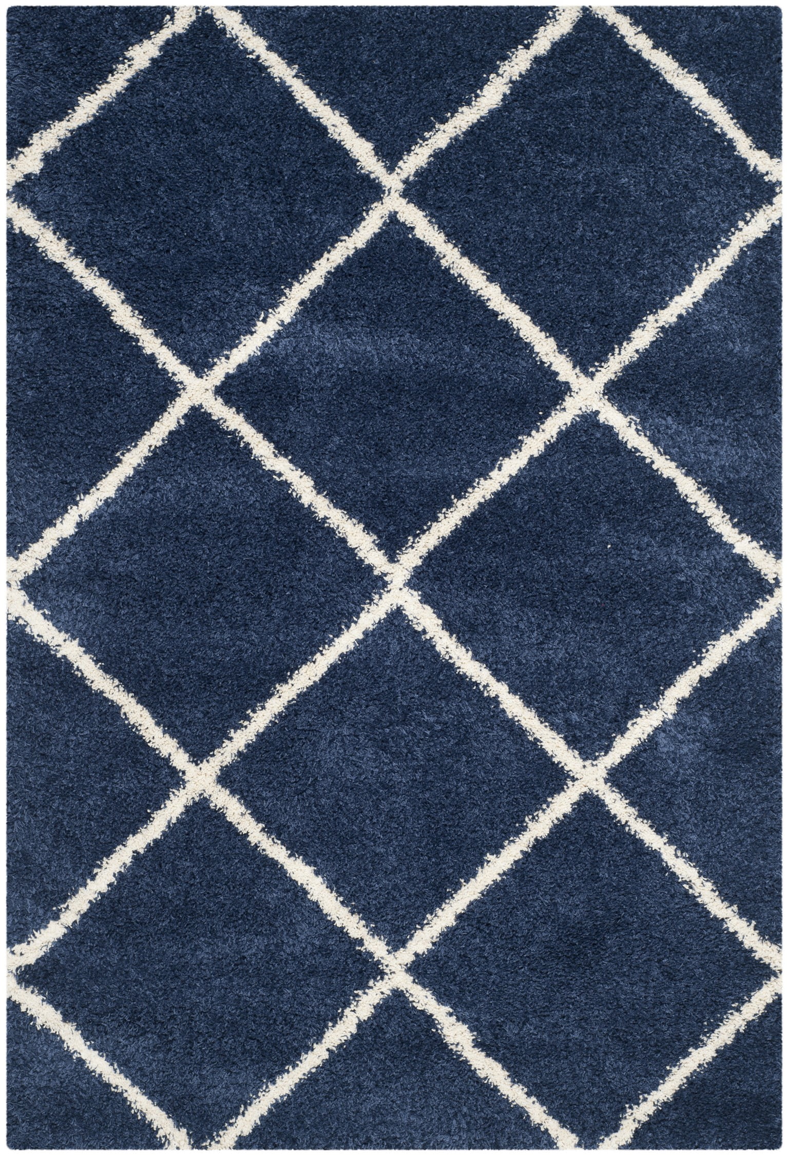 Navy and Ivory Diamond Shag Synthetic Area Rug 5'3" x 7'6"