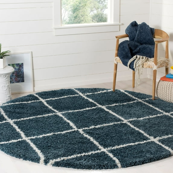 SAFAVIEH Hudson Amias Geometric Shag Area Rug, Slate Blue/Ivory, 7' x 7' Round