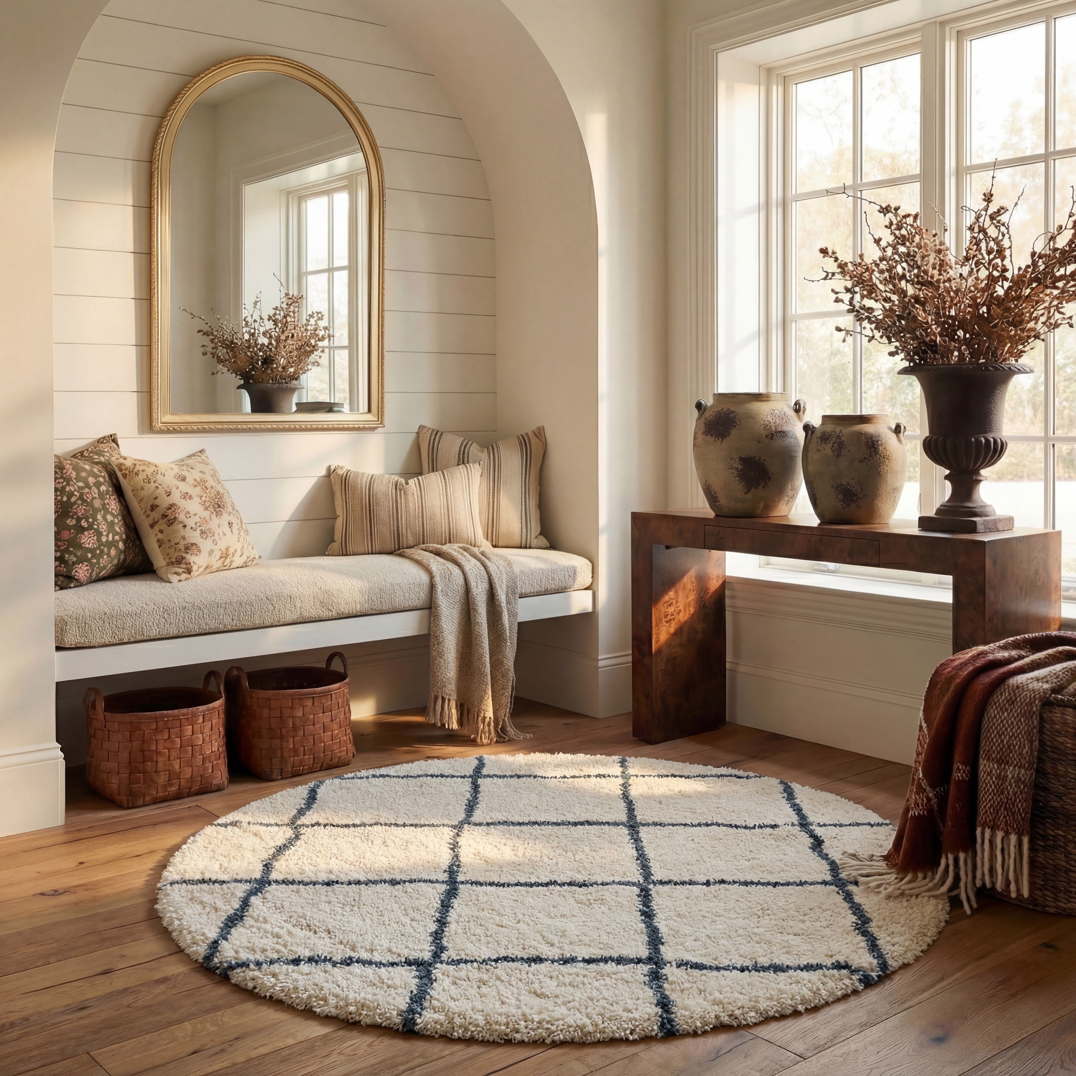 Safavieh Hudson Amias Geometric Shag Area Rug, Ivory/Steel Blue, 9' x 9' Round