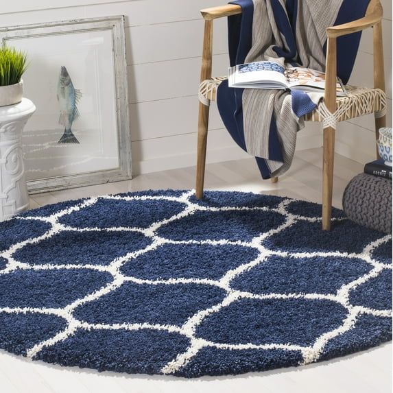 SAFAVIEH Hudson Arline Geometric Shag Area Rug, Navy/Ivory, 7' x 7' Round