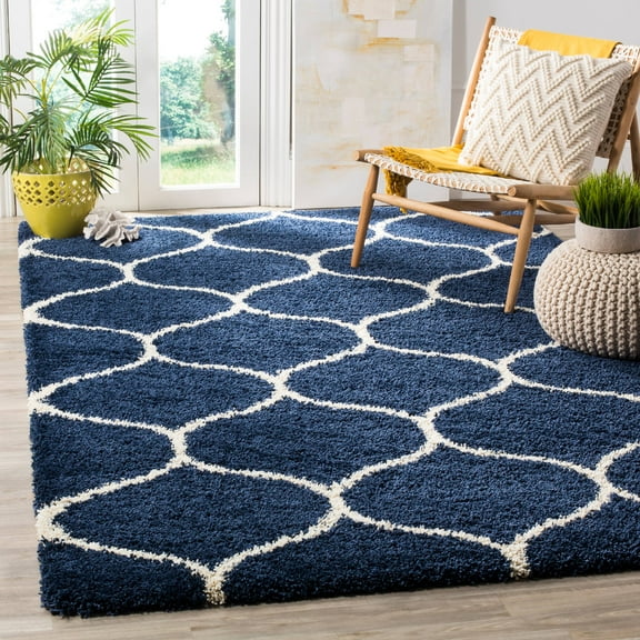 SAFAVIEH Hudson Arline Geometric Shag Area Rug, Navy/Ivory, 7' x 7' Square