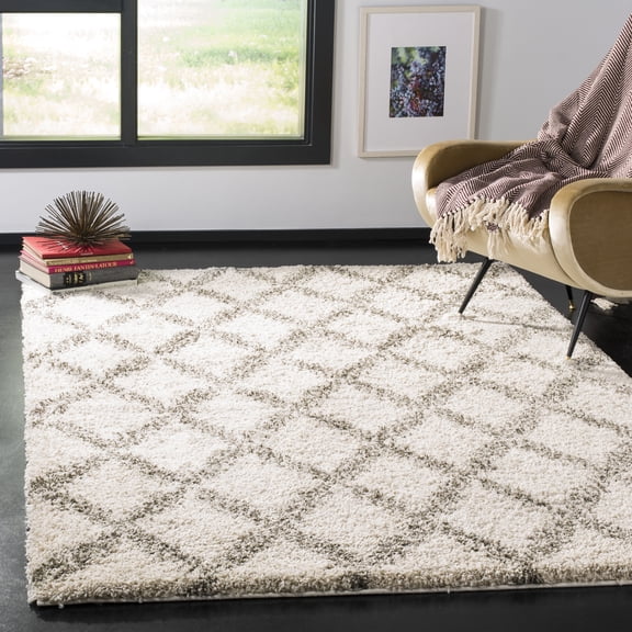 SAFAVIEH Hudson Franklin Geometric Diamonds Shag Area Rug, Ivory/Grey, 9' x 12'